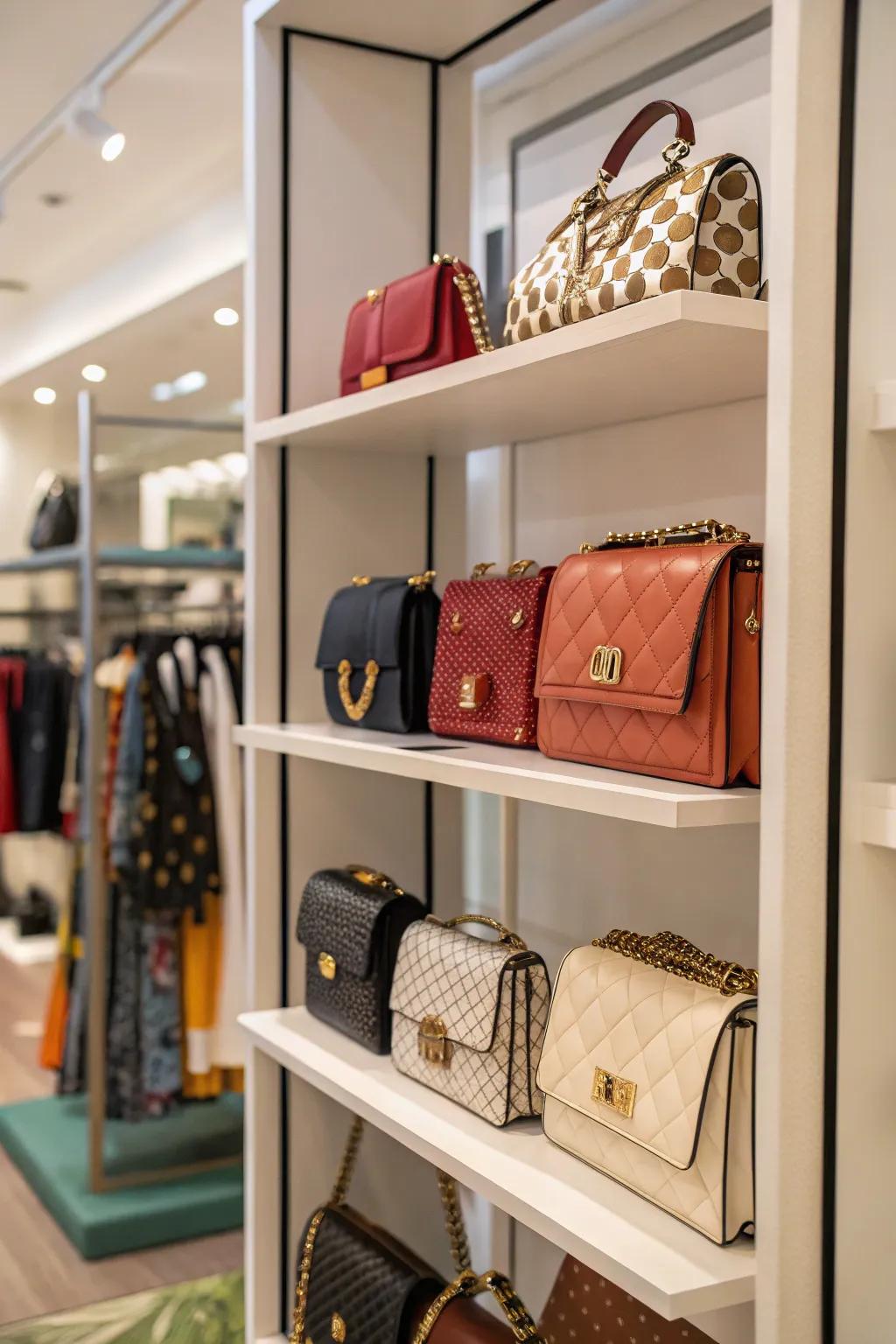 A room divider creatively used to display purses, enhancing the room's decor.