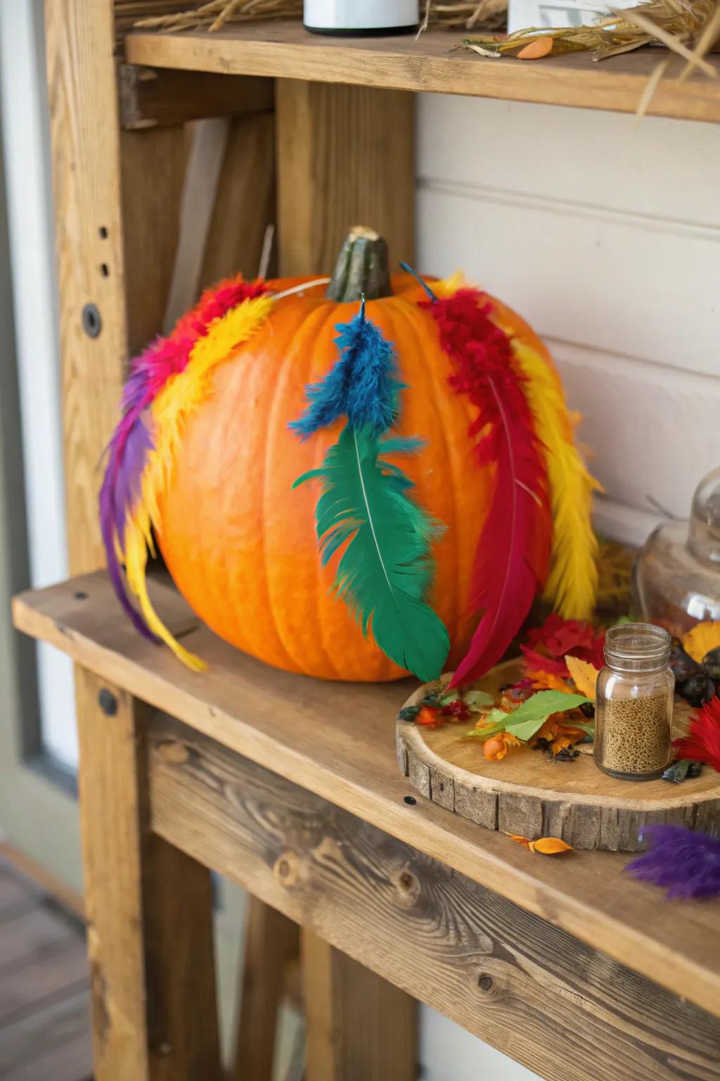 A feather-decorated pumpkin conveying a whimsical nuance to the decor.