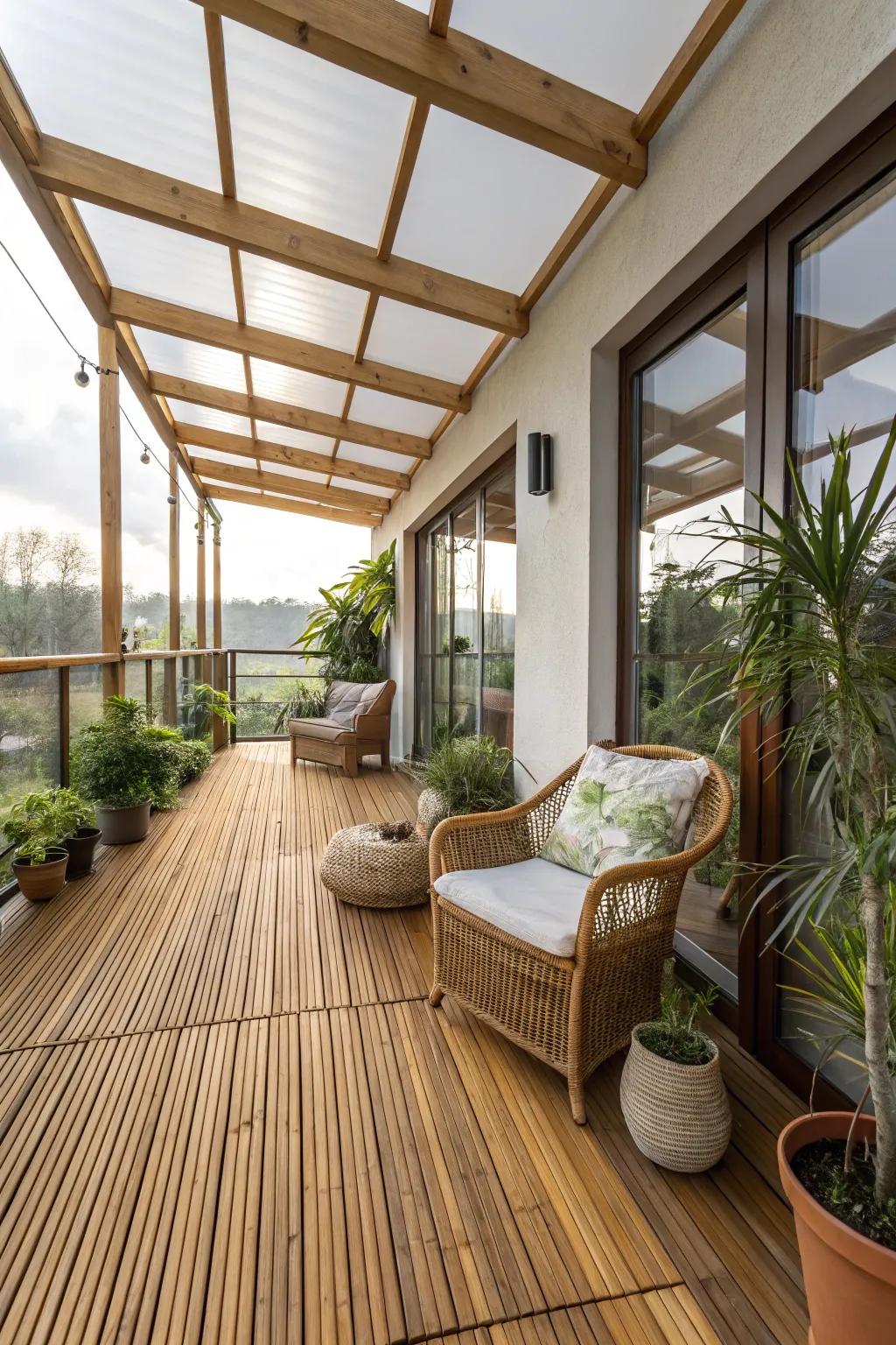 Environmentally conscious components such as bamboo enhance the sustainability of this indoor deck.