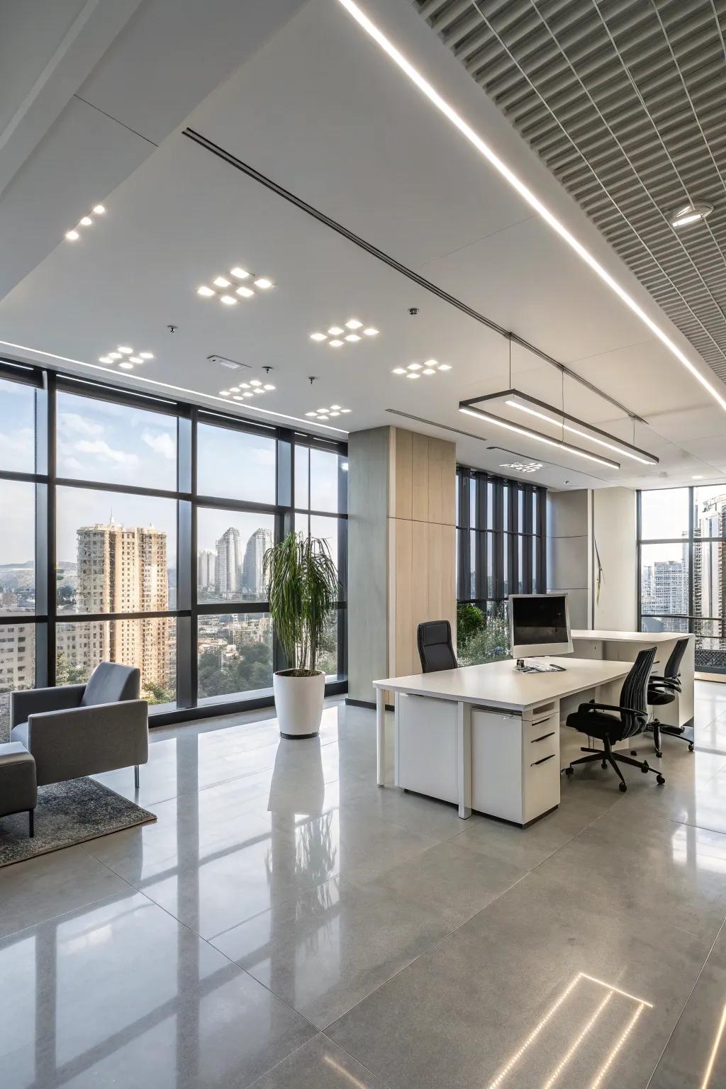 Stylish office area with professional LED high bay lighting