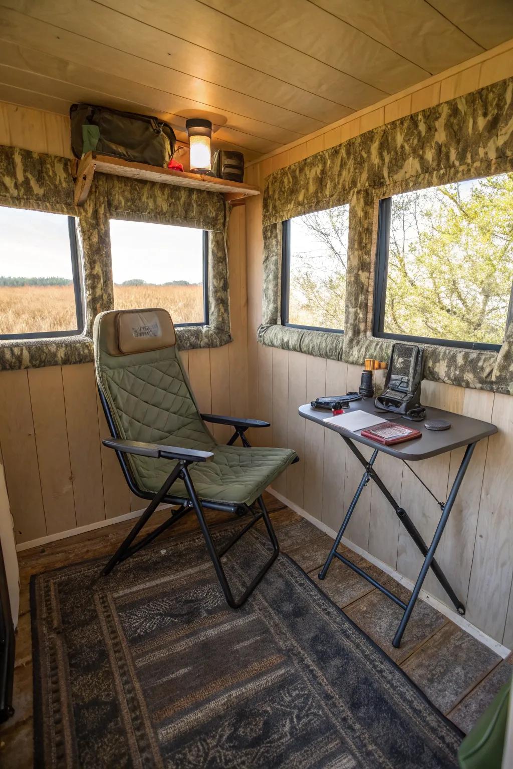 Sound-dampening chairs offer quiet comfort during hunts.
