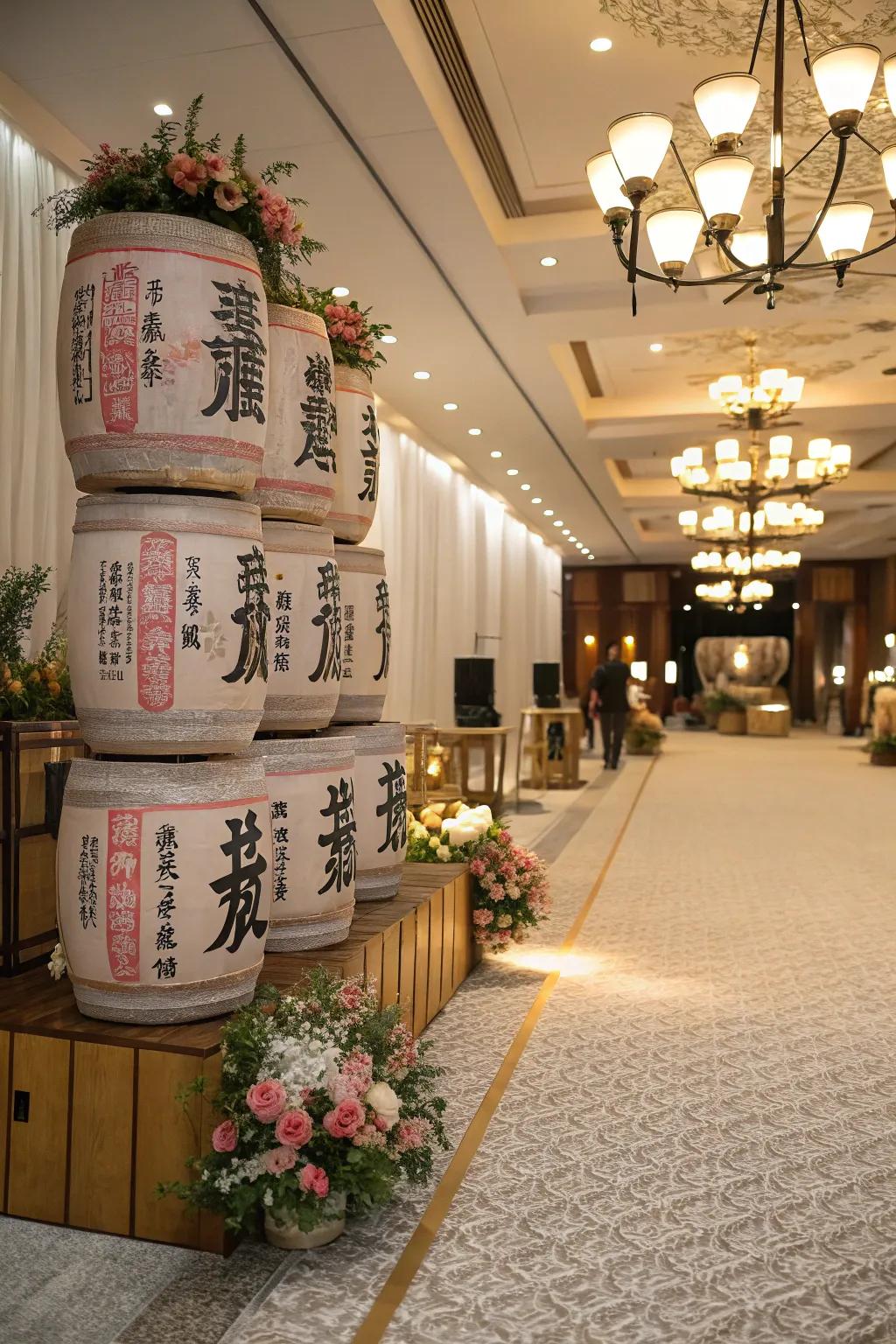 A sake barrel display serves as a cultural element.