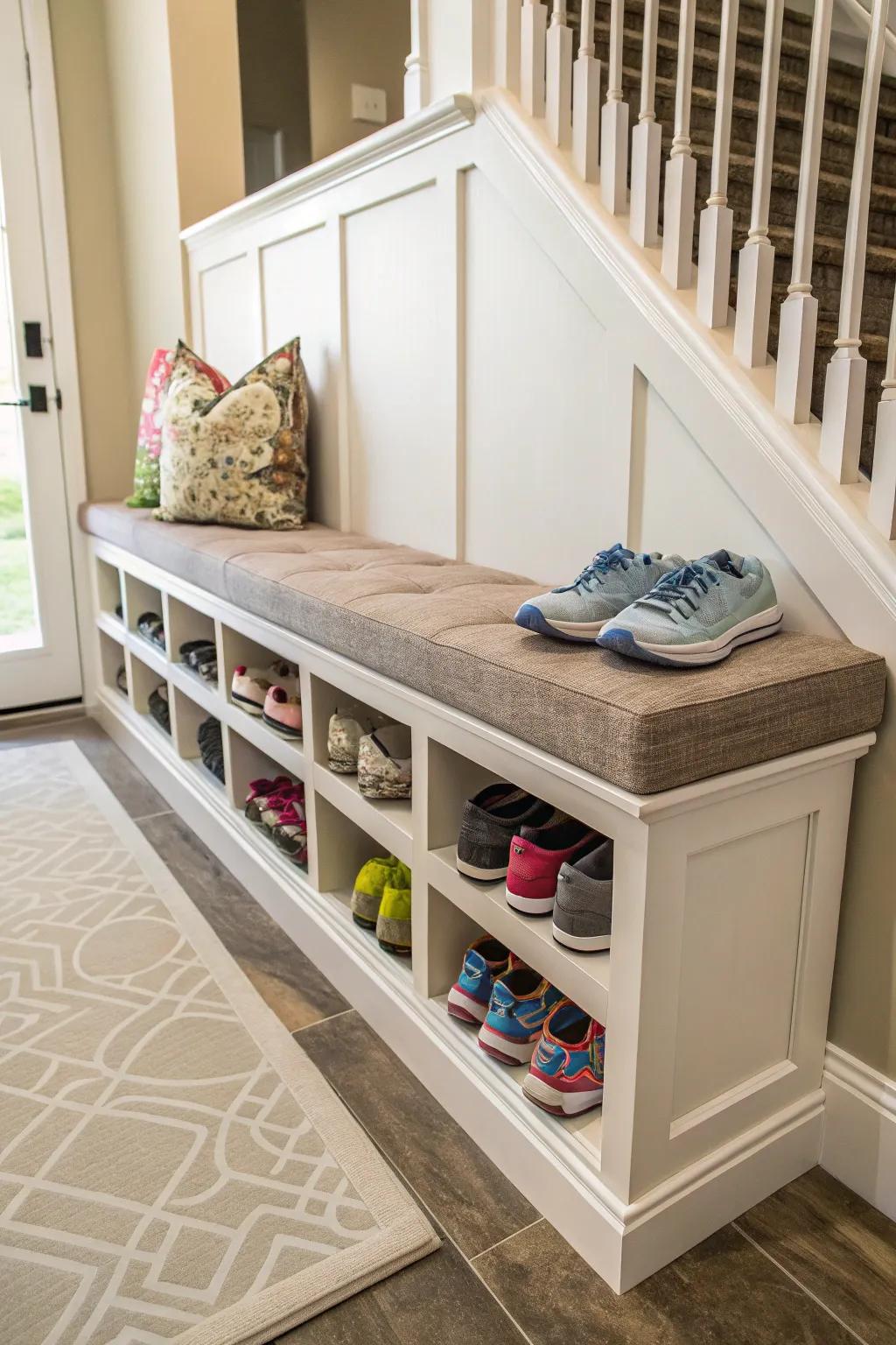 Combine function with style using a bench with shoe slots.