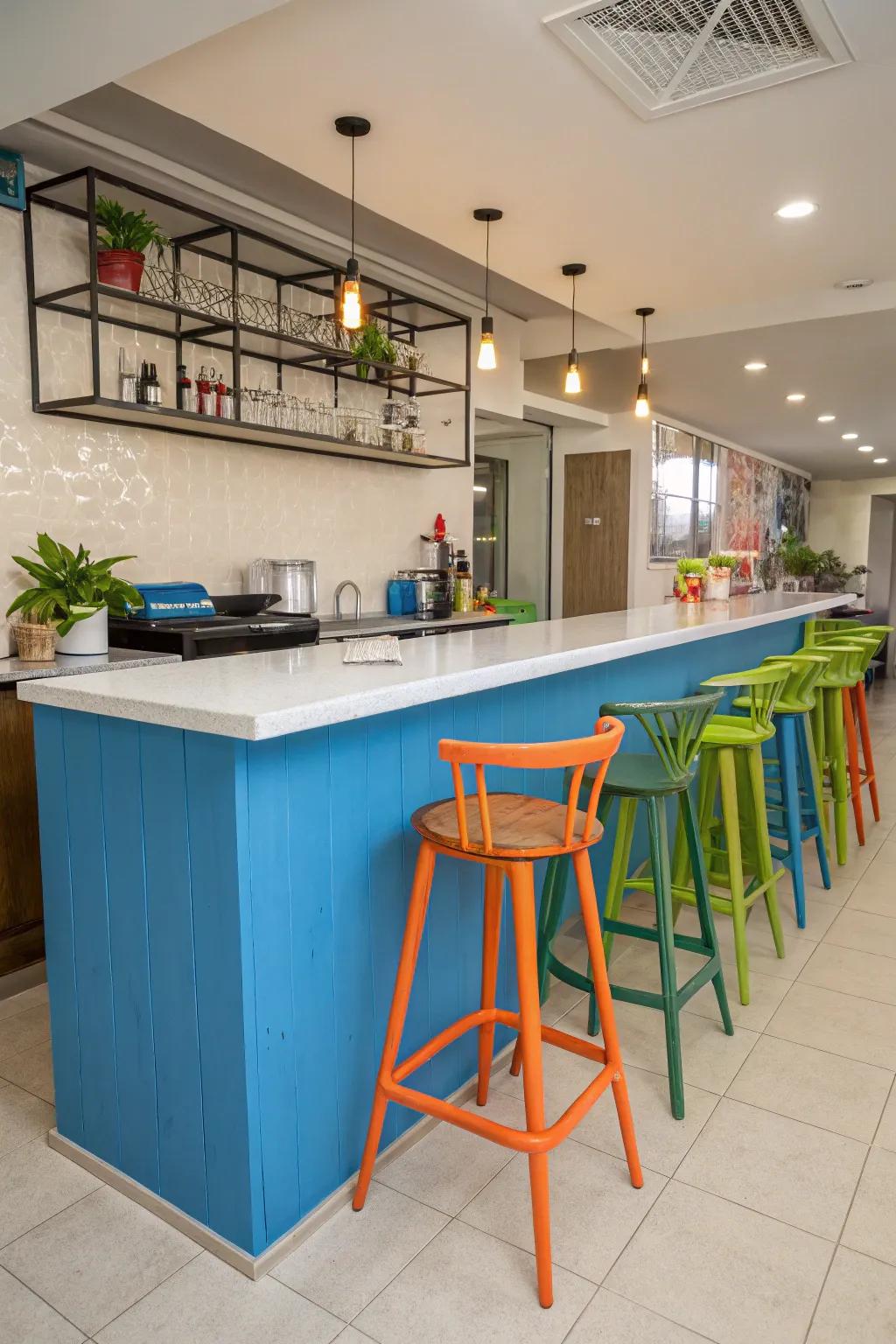 A splash of color brings vibrancy to the kitchen bar.