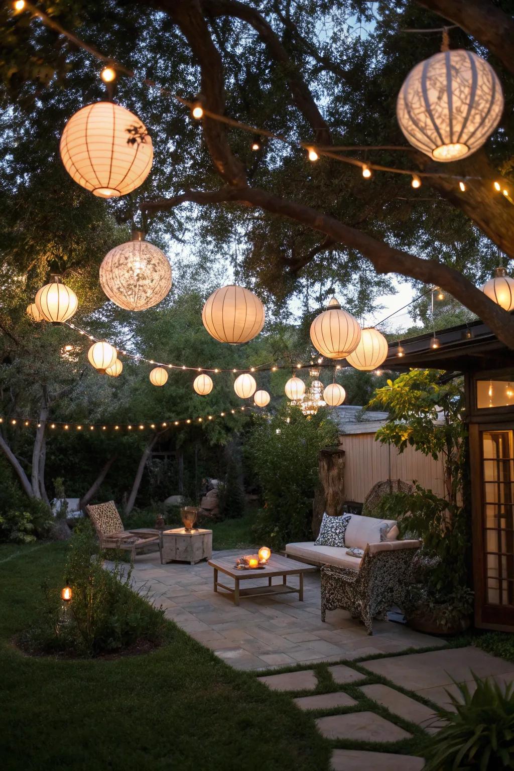 Hanging lanterns adding a magical touch to outdoor scenes.