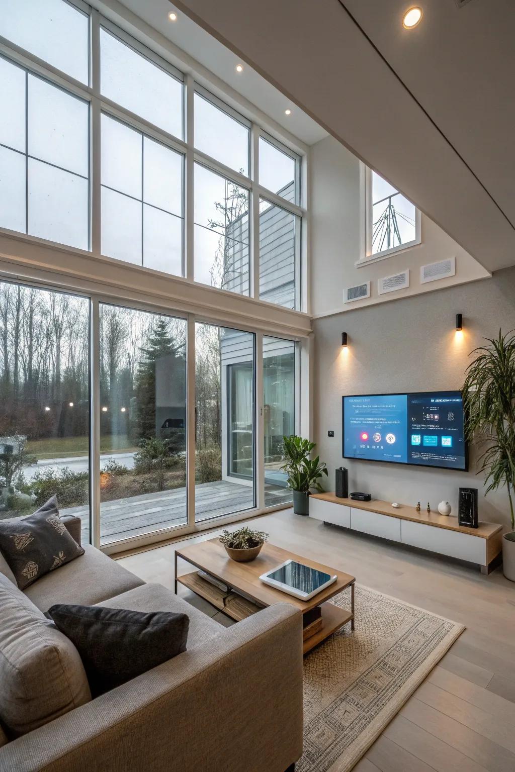Intelligent windows offering convenience and cutting-edge technology in the living room.