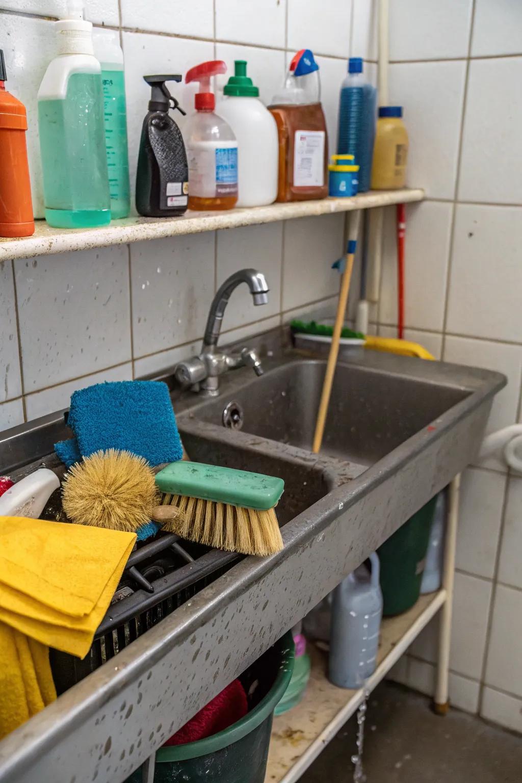 A practical utility sink shelf enhances storage.
