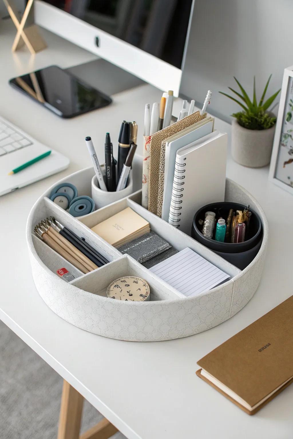 A stylish and organized desk with a rotating tray.