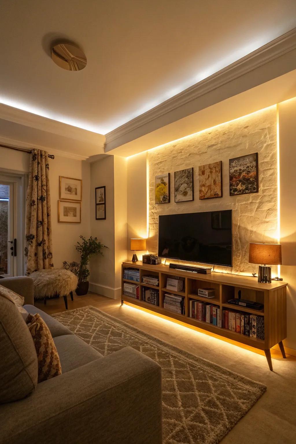 Dramatic feature wall illuminated with LED lighting.