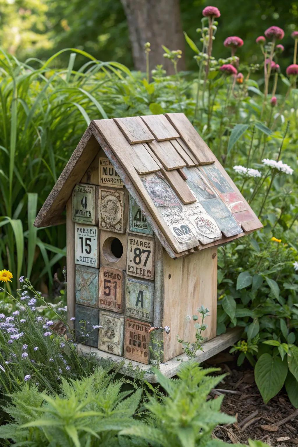 Add charm to your garden with a metal sheet birdhouse.