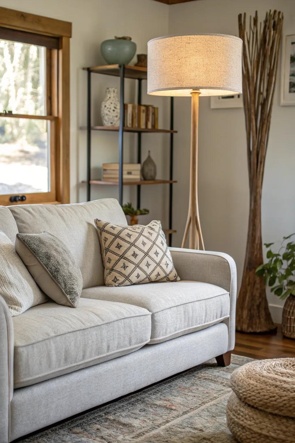 Artful lighting enhances the visual appeal of a space with a pale stone sofa.