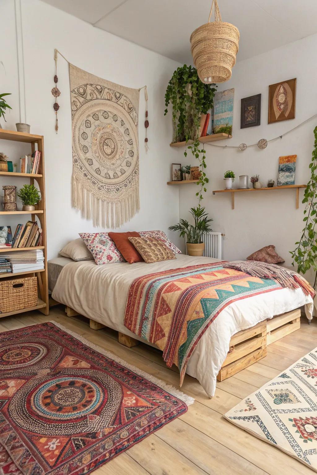 A bohemian vibe adding color and energy to a pale timber floor sleeping quarter.