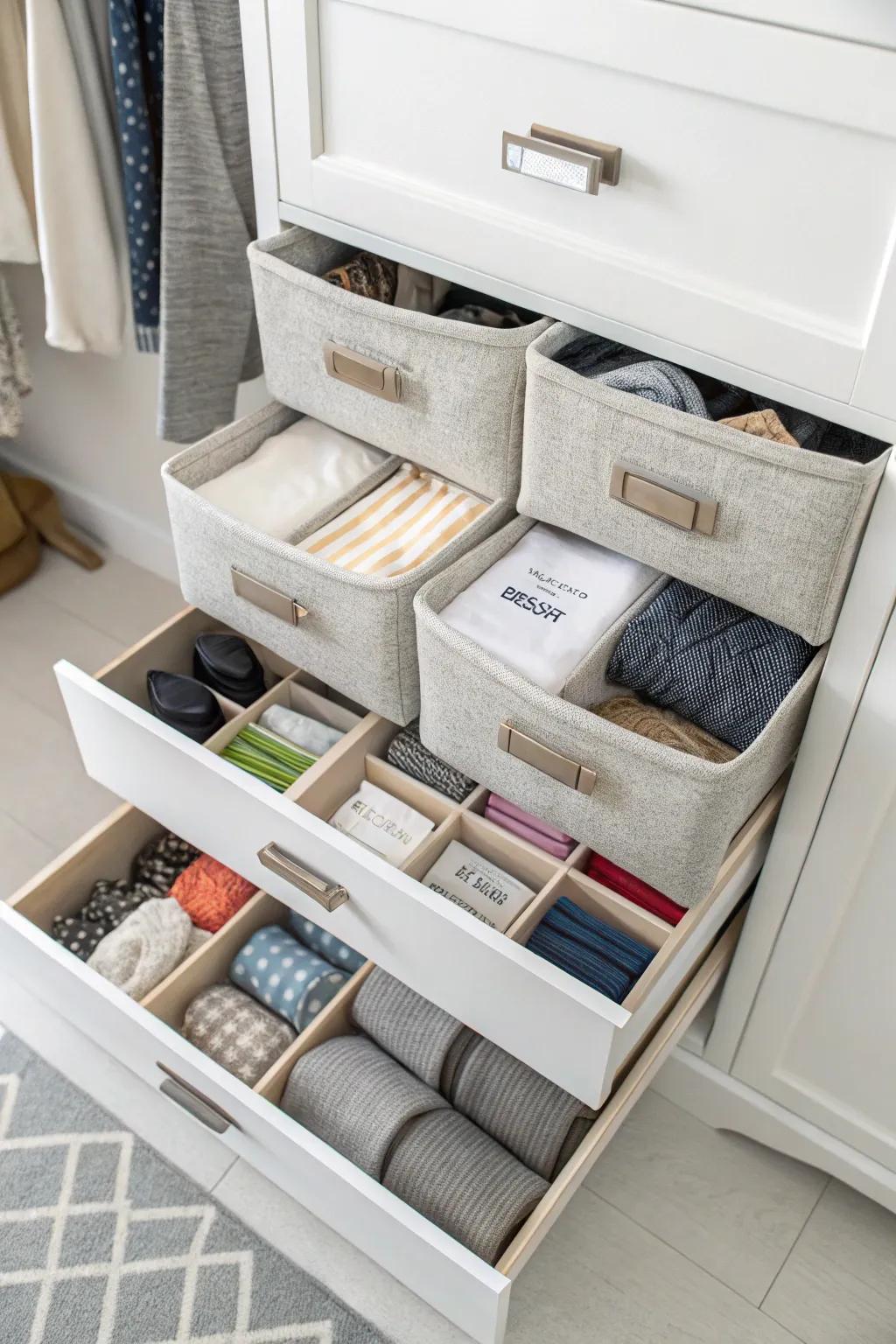 Drawer separators help organize smaller items in a linen closet.
