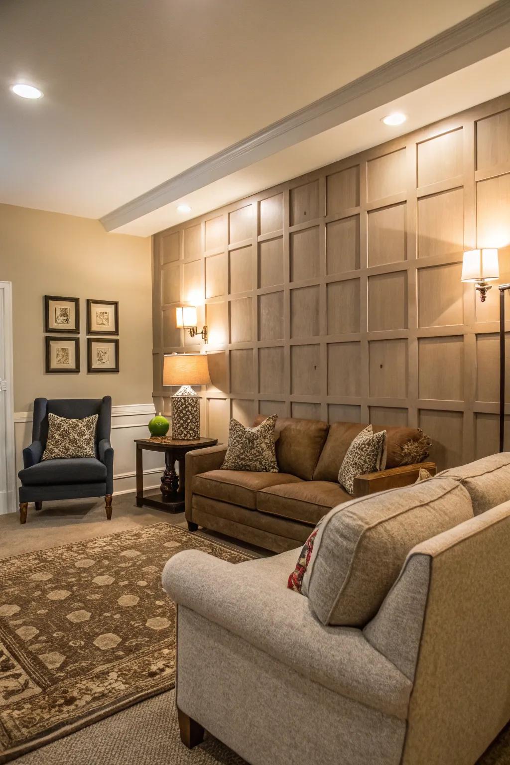 A panel and batten feature wall provides depth and architectural elegance.