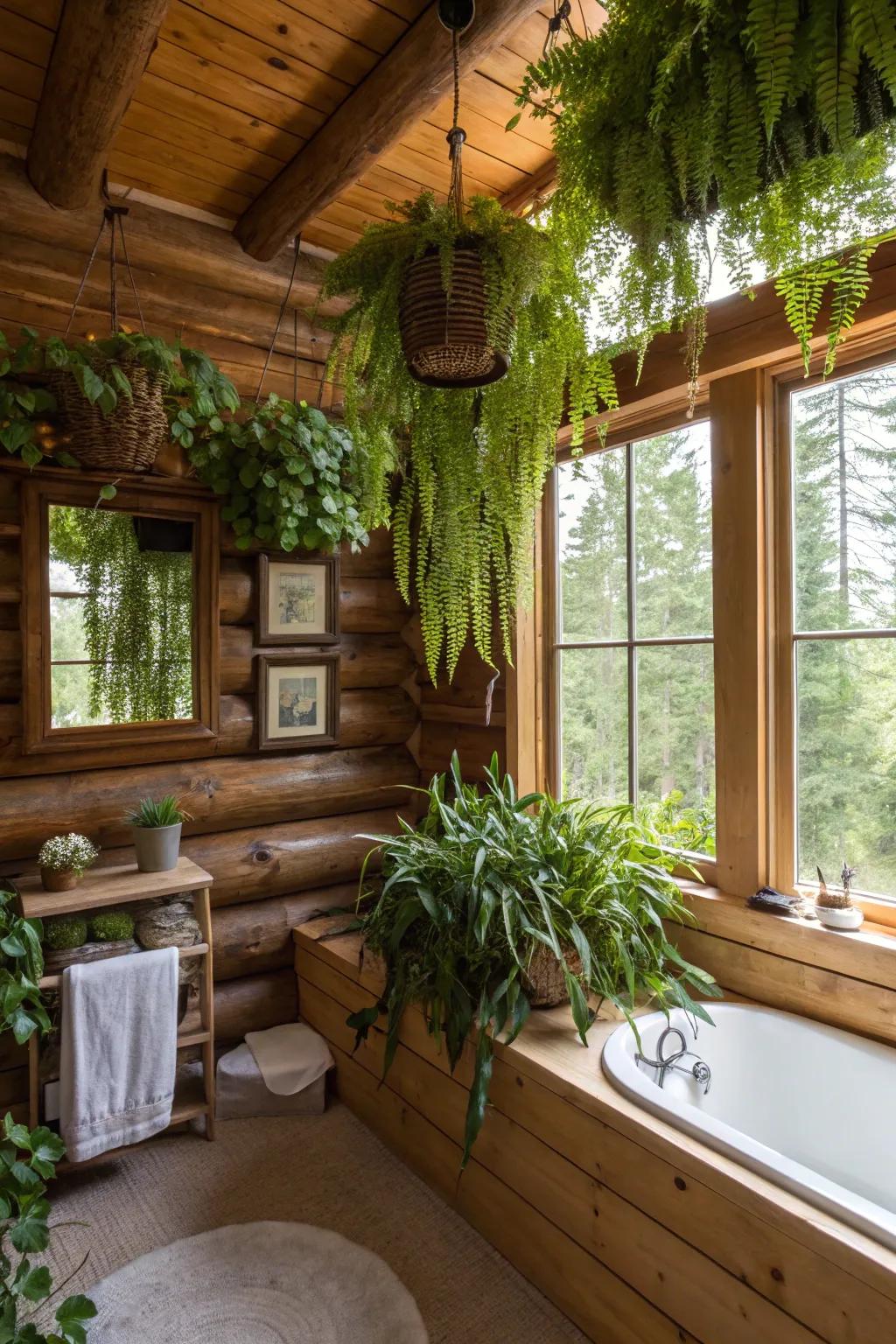A log cabin bathroom with vibrant greenery and natural elements.