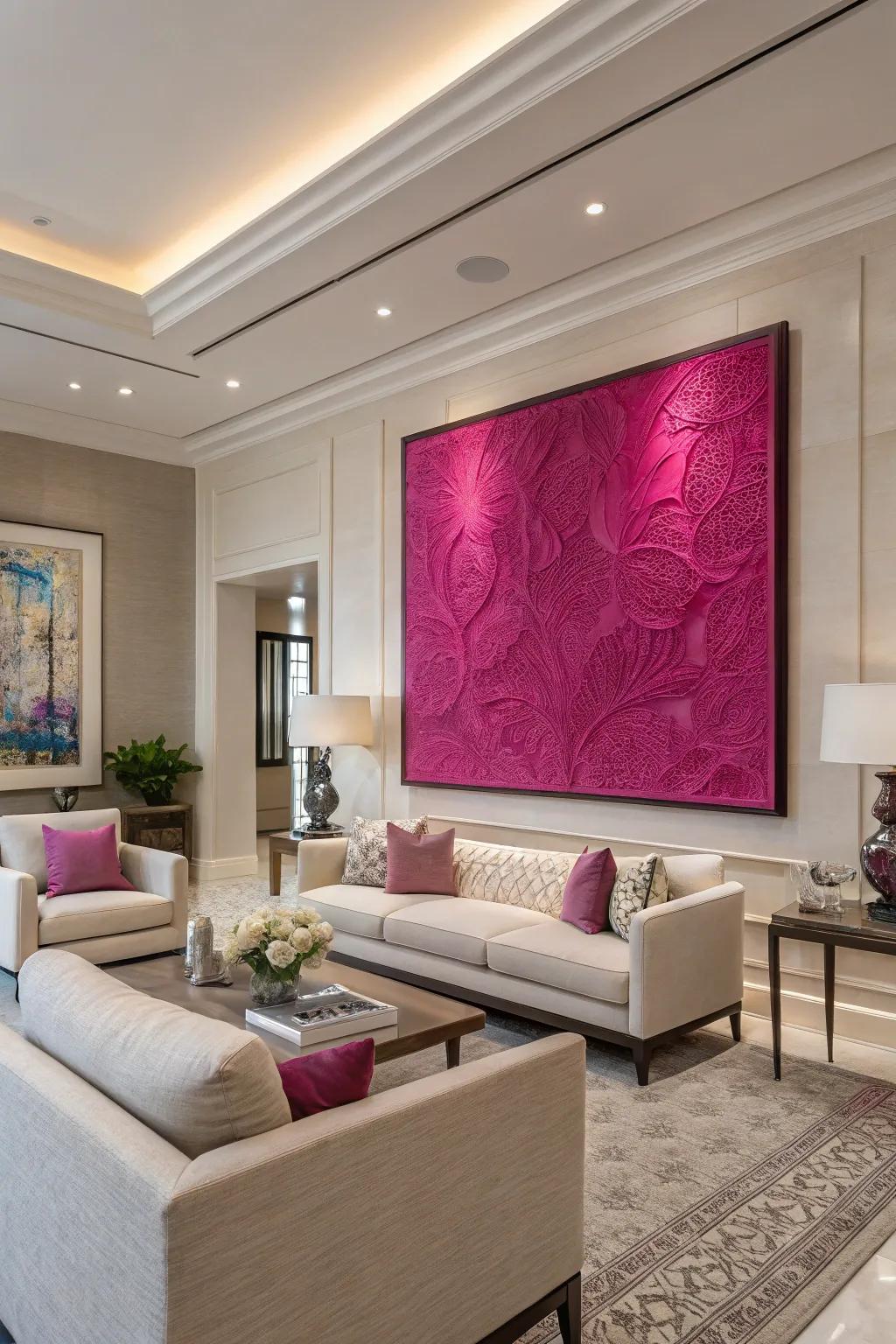 A large rose artwork serves as a striking focal point in this contemporary room.