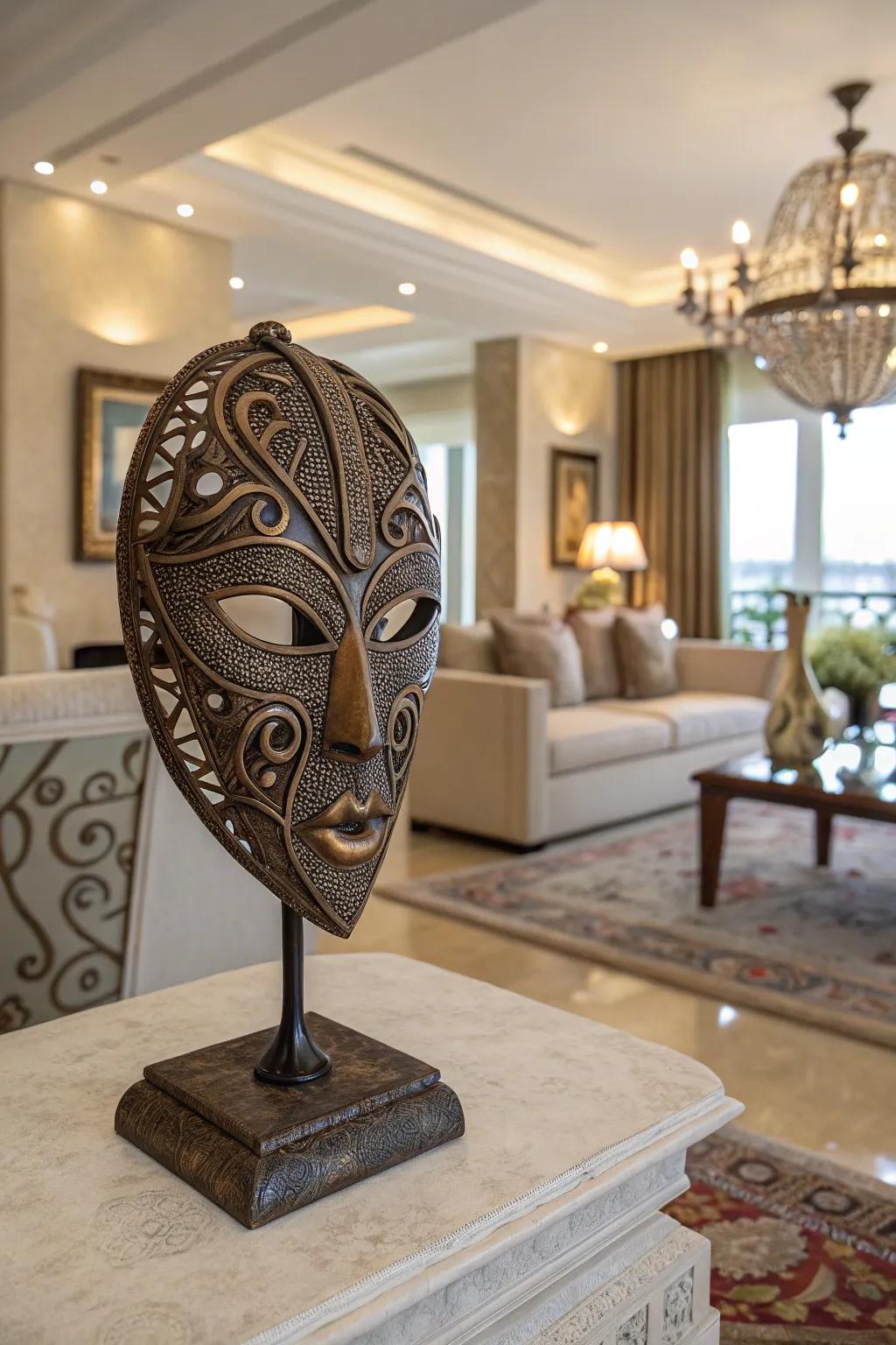 A metalwork mask sculpture that impresses with its detailed artistry.