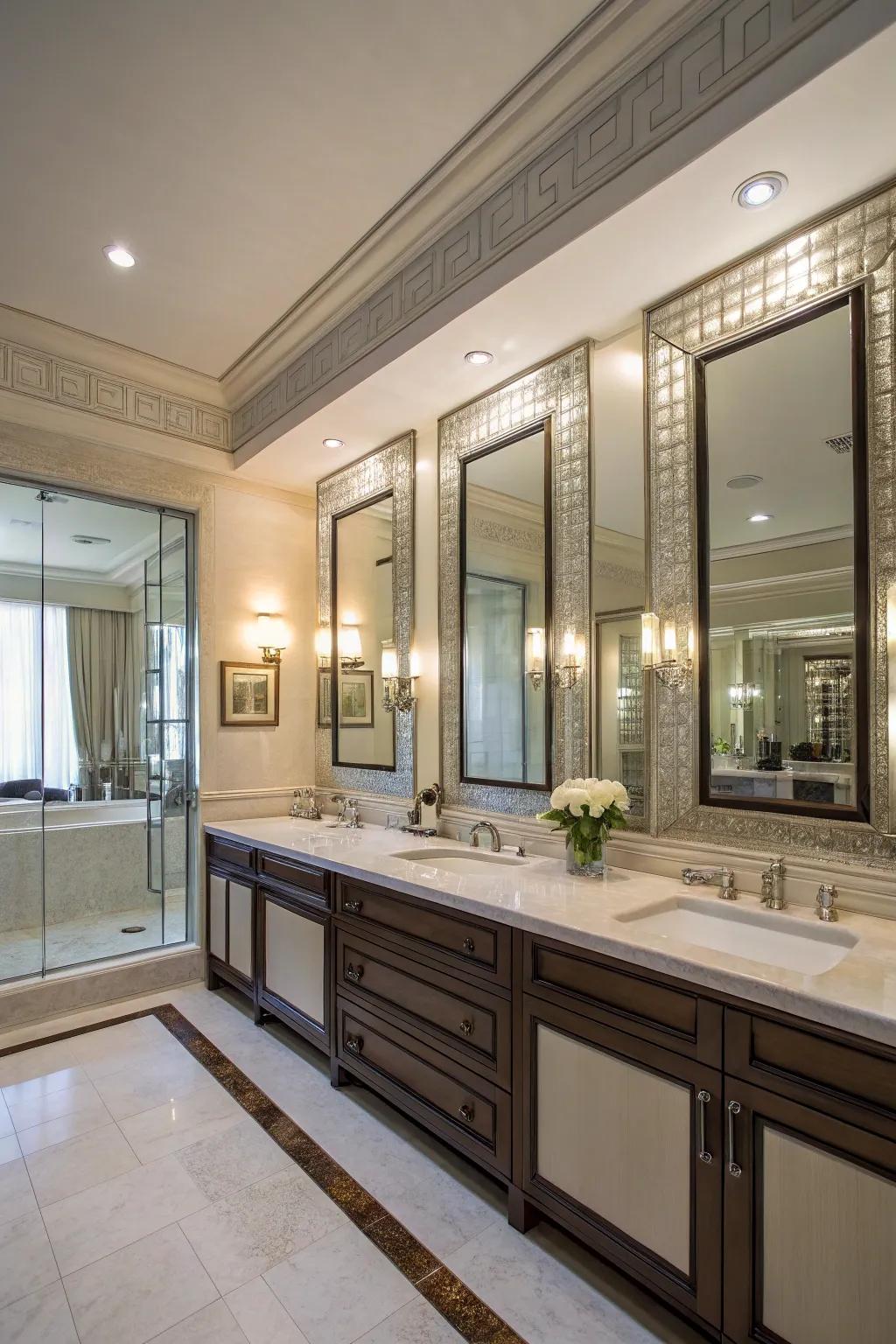 Mirrors enhance light and space, adding elegance to this primary bathroom.