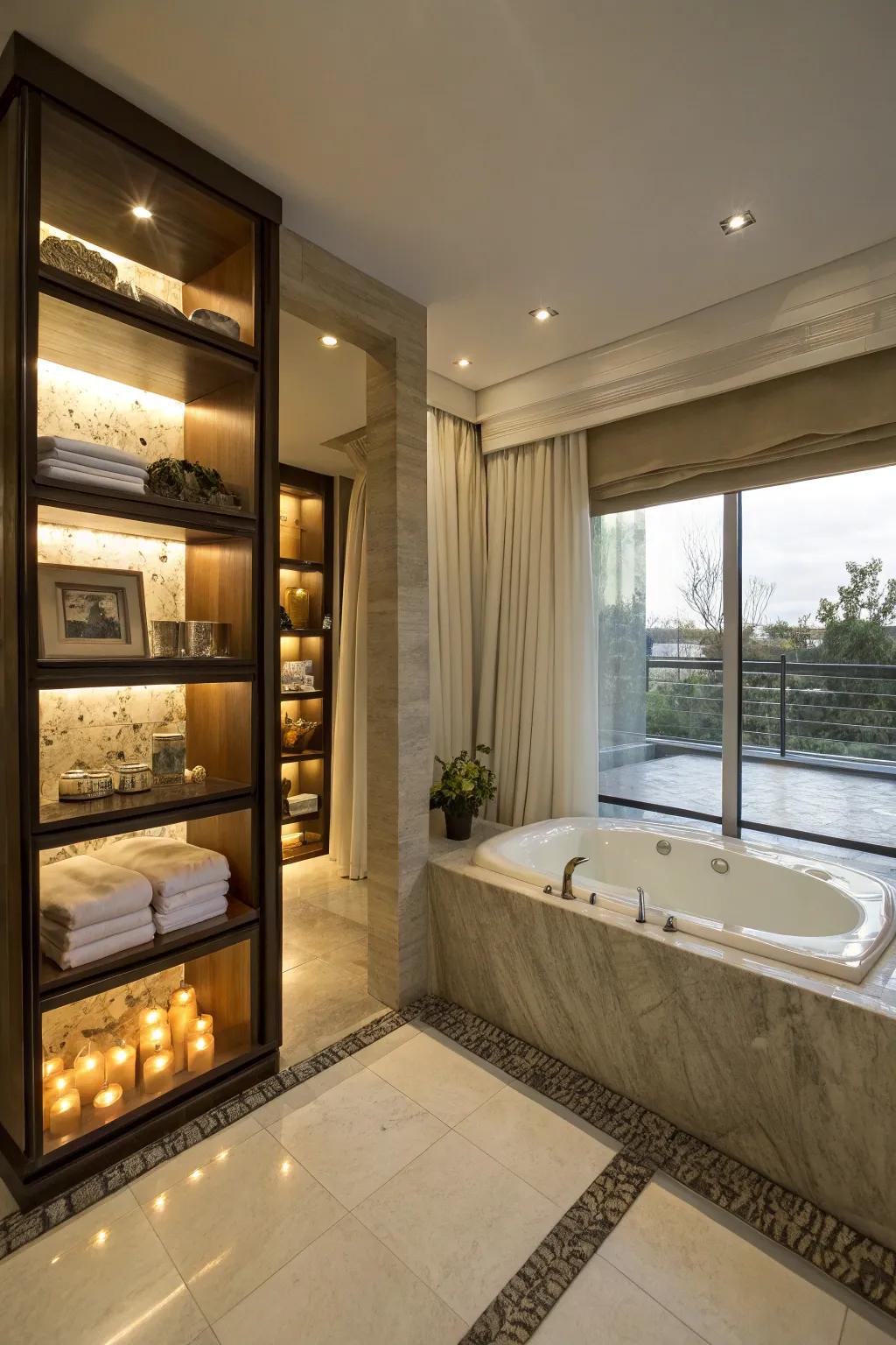 Built-in shelving offers practical storage options while keeping style.