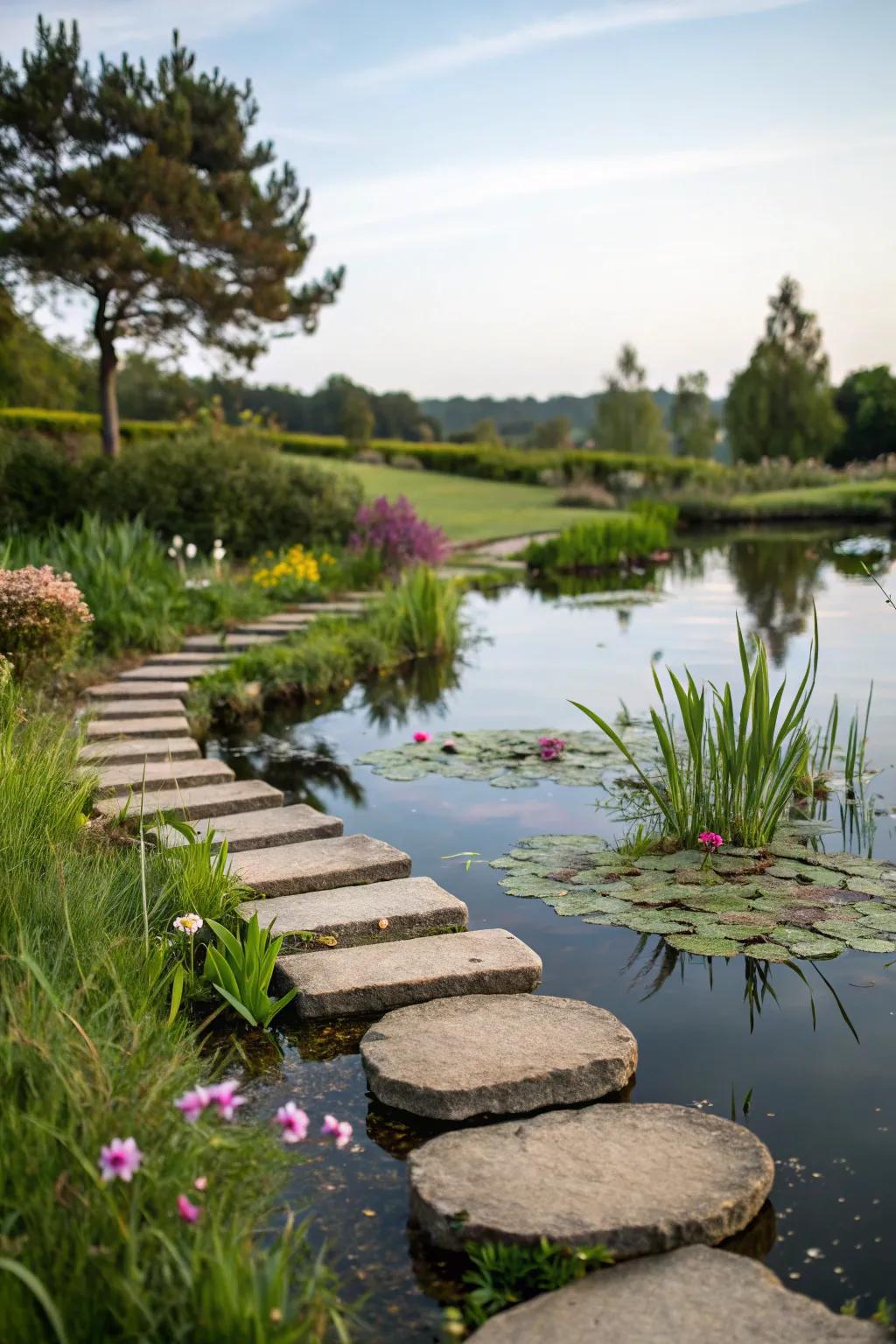 Path stones lead to a hidden treasure of a mini pond.