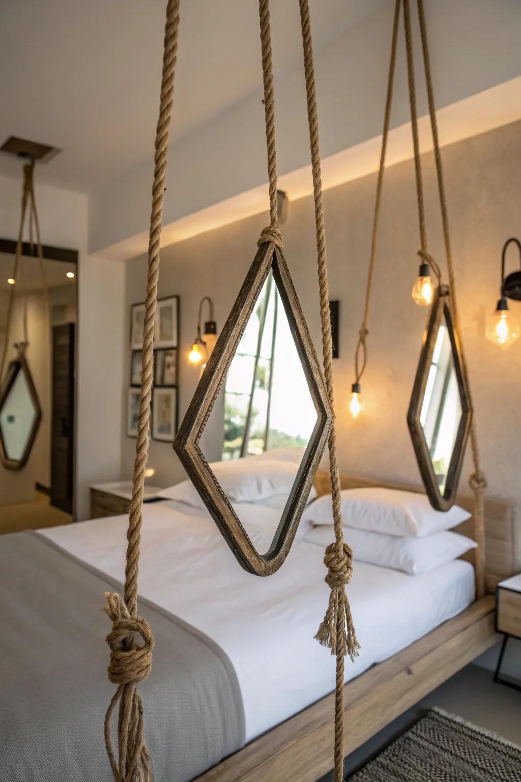 Suspended mirrors add an artsy and personal touch to your decor.