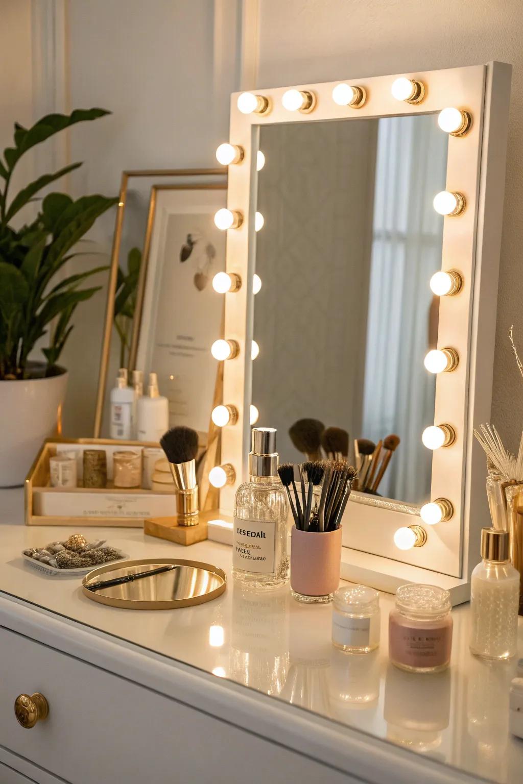 Illuminated mirrors blend radiance with style.