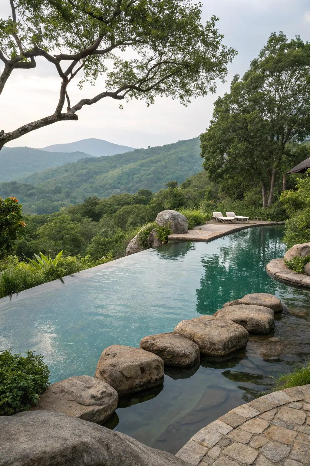 Rock formations enhance the pool’s natural aesthetic.
