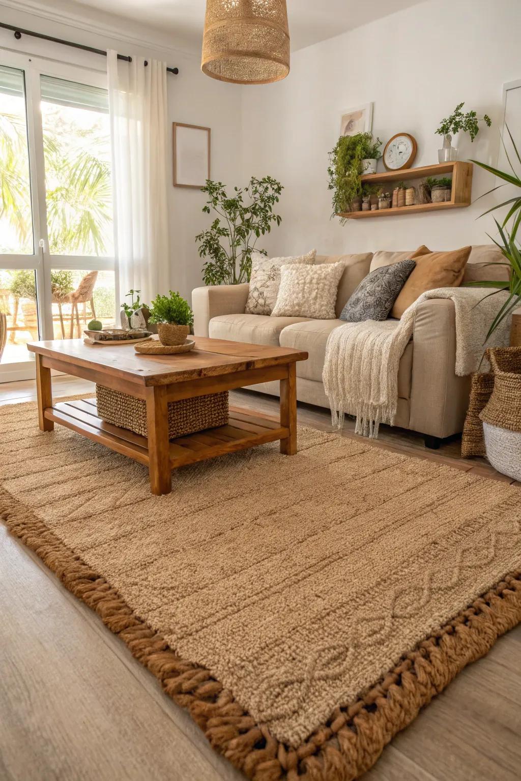 Living room featuring an eco-friendly carpet made from sustainable materials.