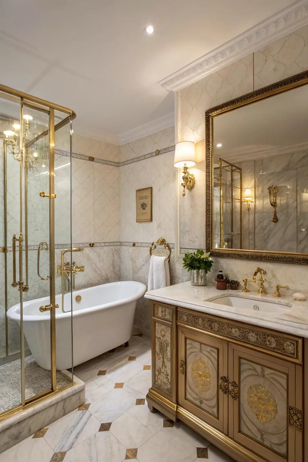 Bronze accents bring a touch of glamour to this cozy bathroom.
