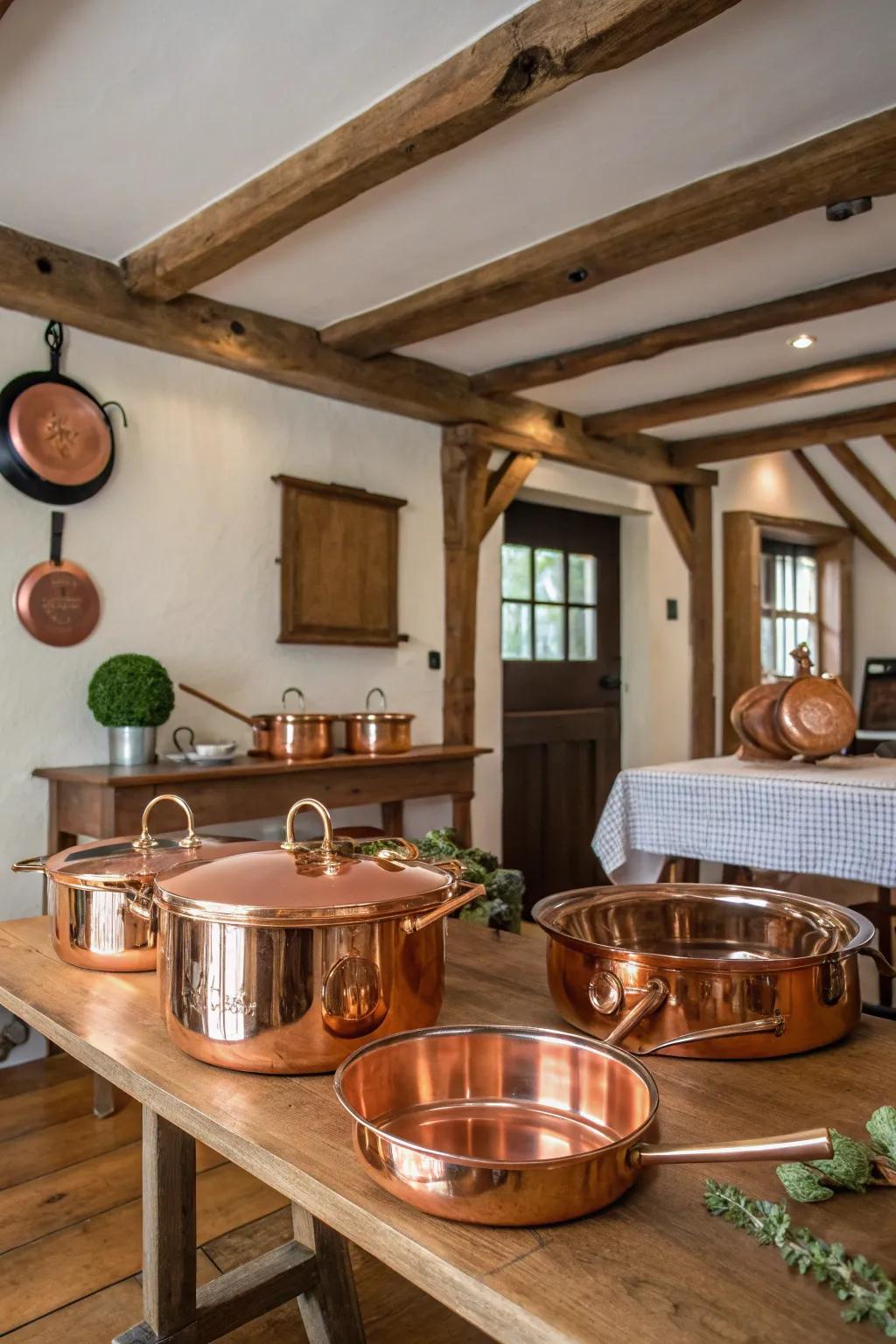 Copper cookware adds warmth and functionality to the decor.