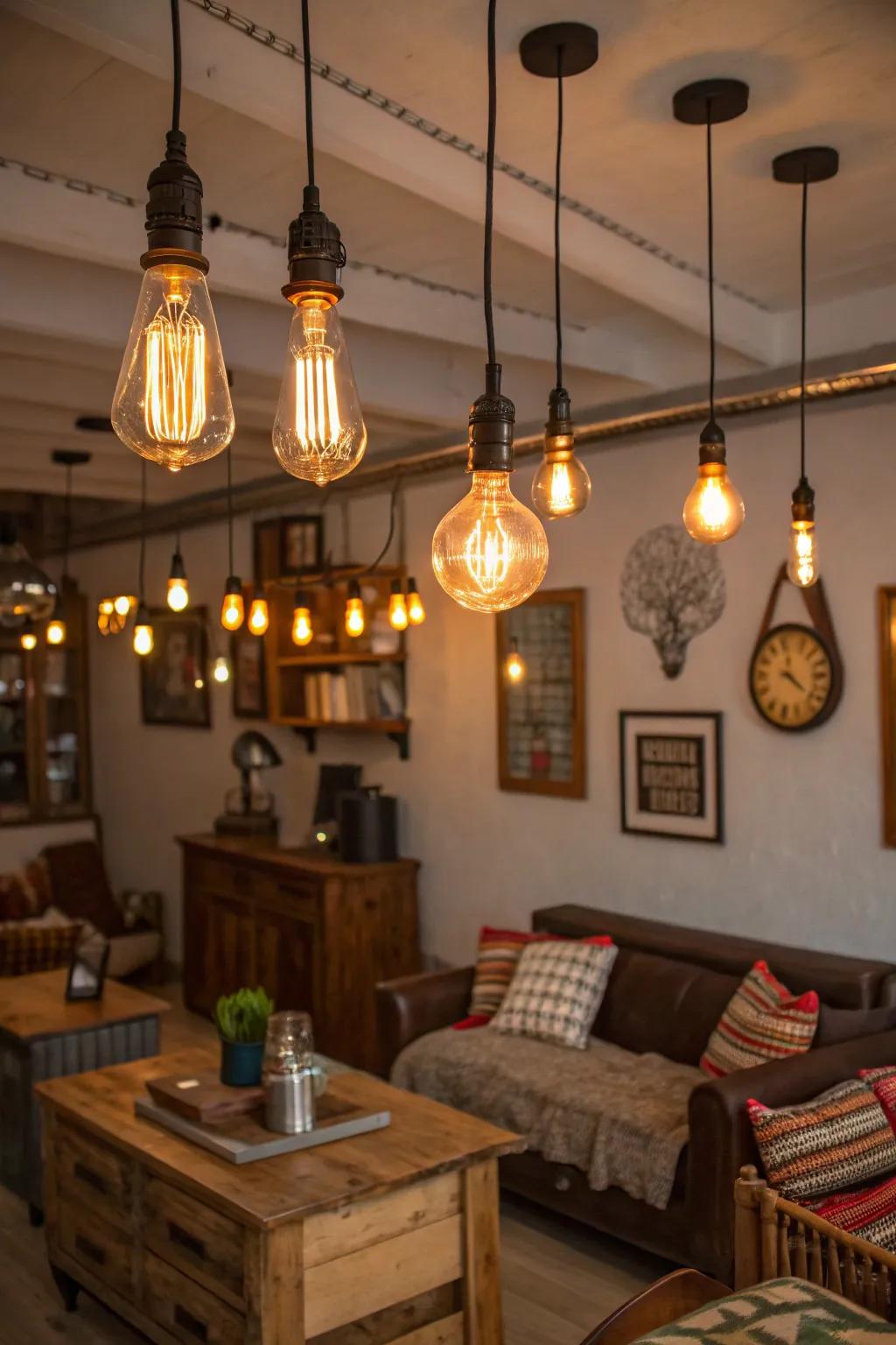 Classic filament bulbs introduce a nostalgic glow.
