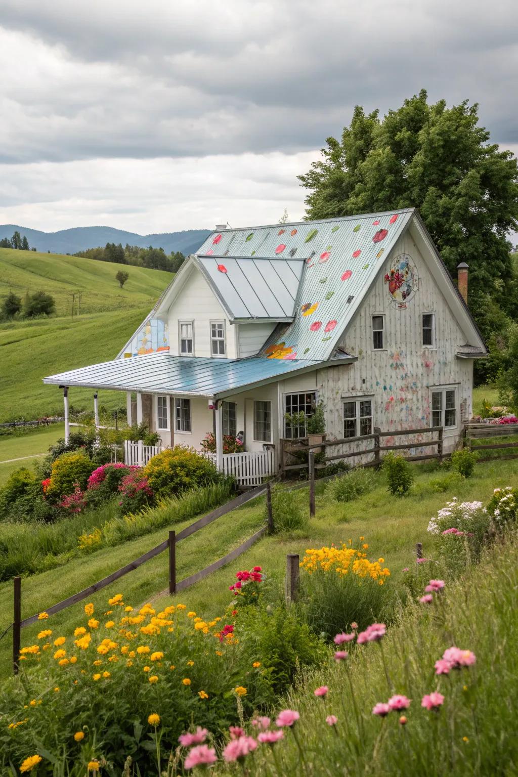 Dynamic creativity: A farmhouse featuring a creative patterned metal roof.