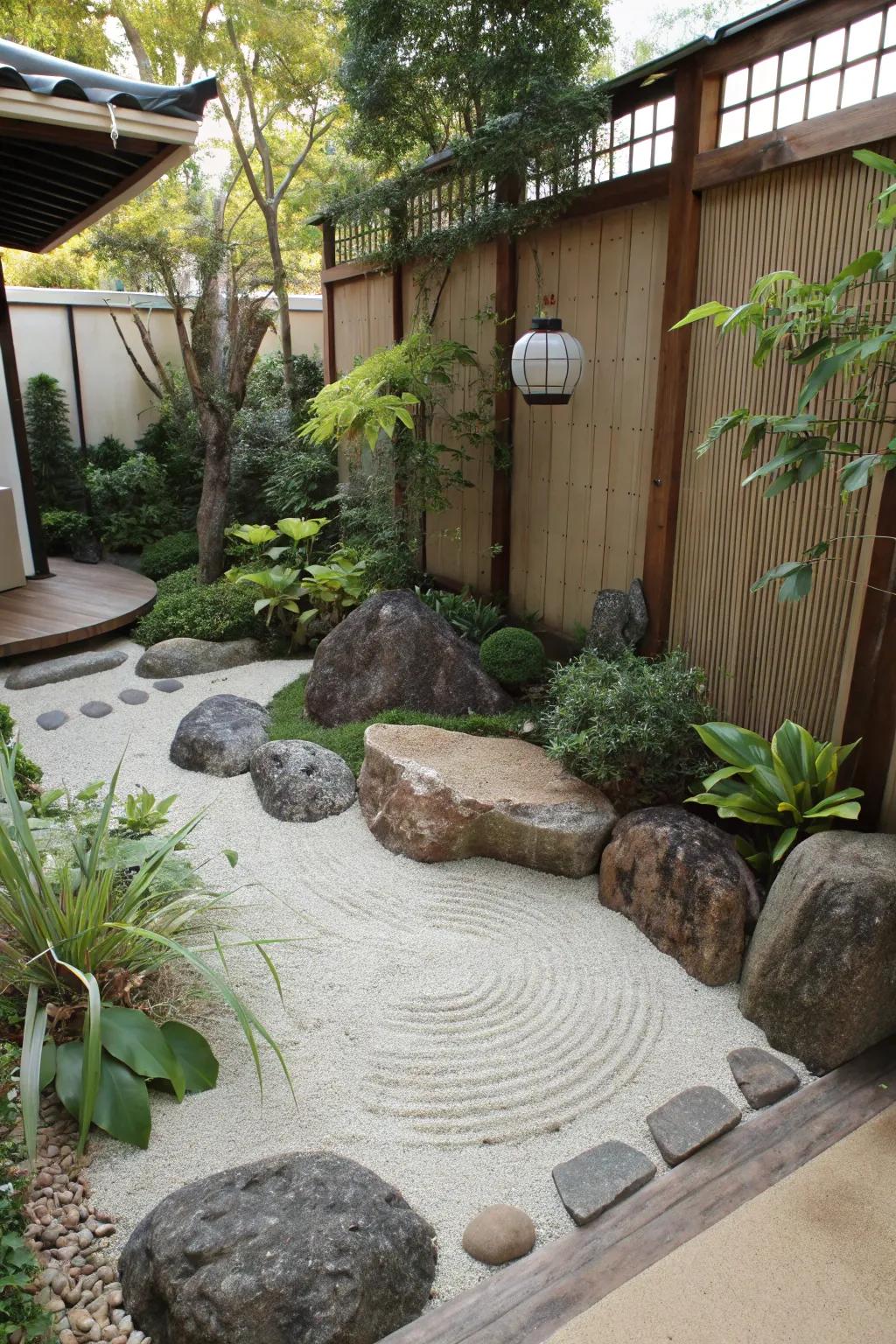 A zen nook offers a tranquil retreat for contemplation in the garden.