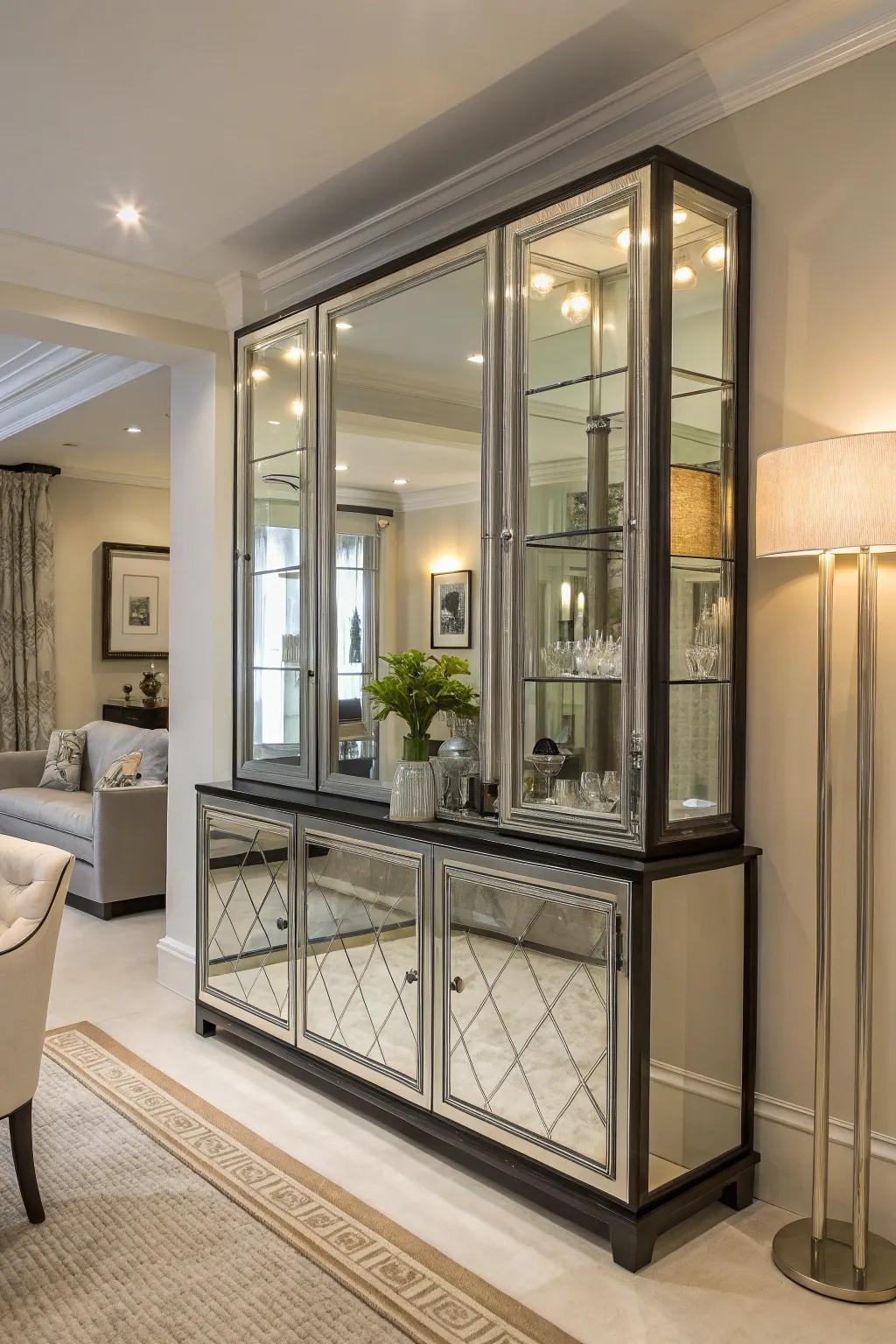Mirrors reflect light and add sophistication to the display cabinet.