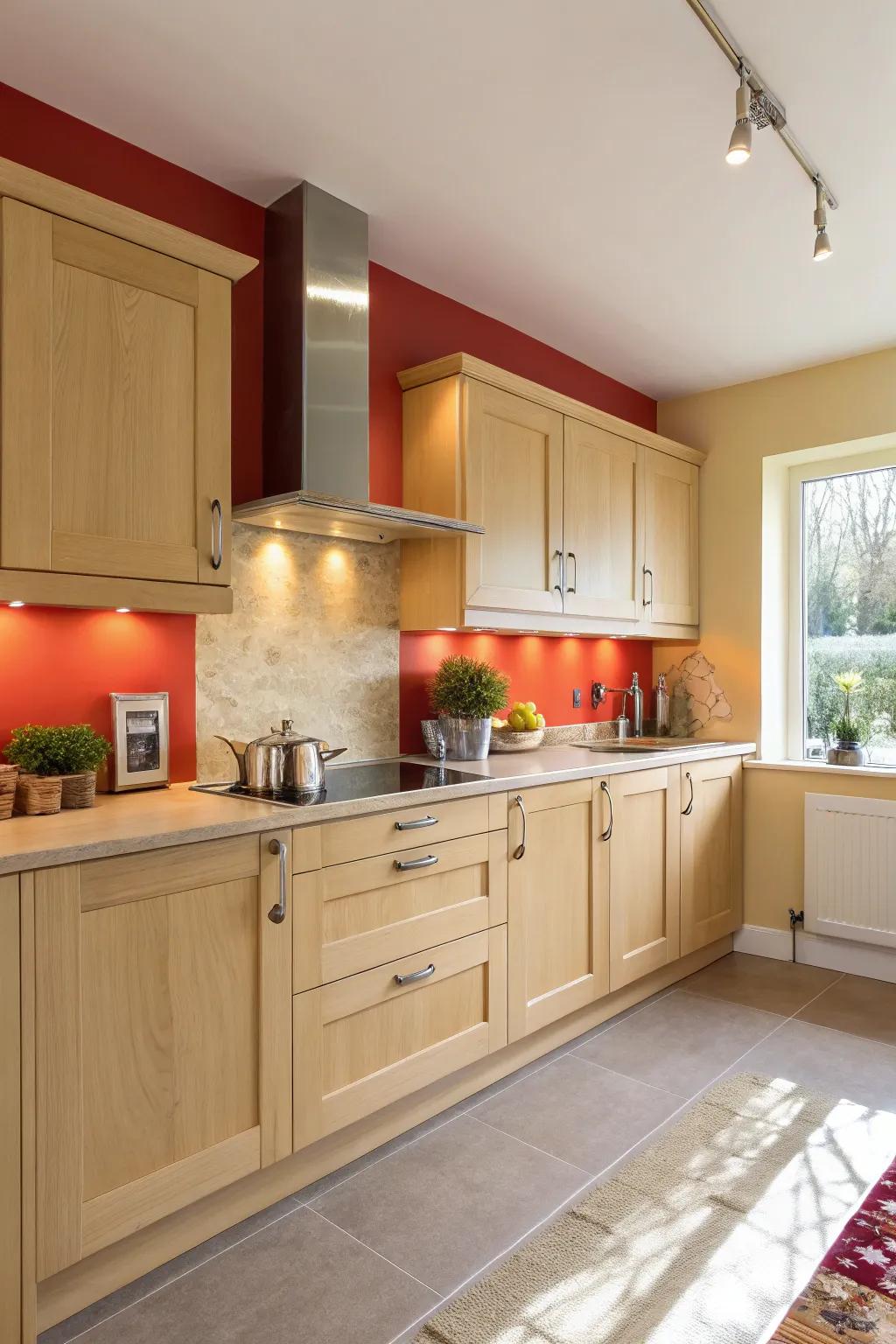 A daring accent wall introduces a dynamic contrast to pale walnut cabinets.
