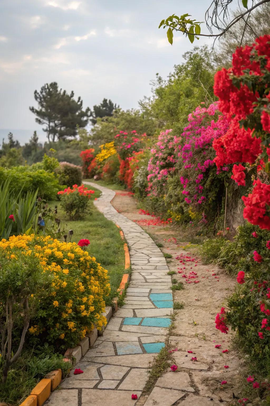 A garden path that shines with strong colors, adding energy to the space.