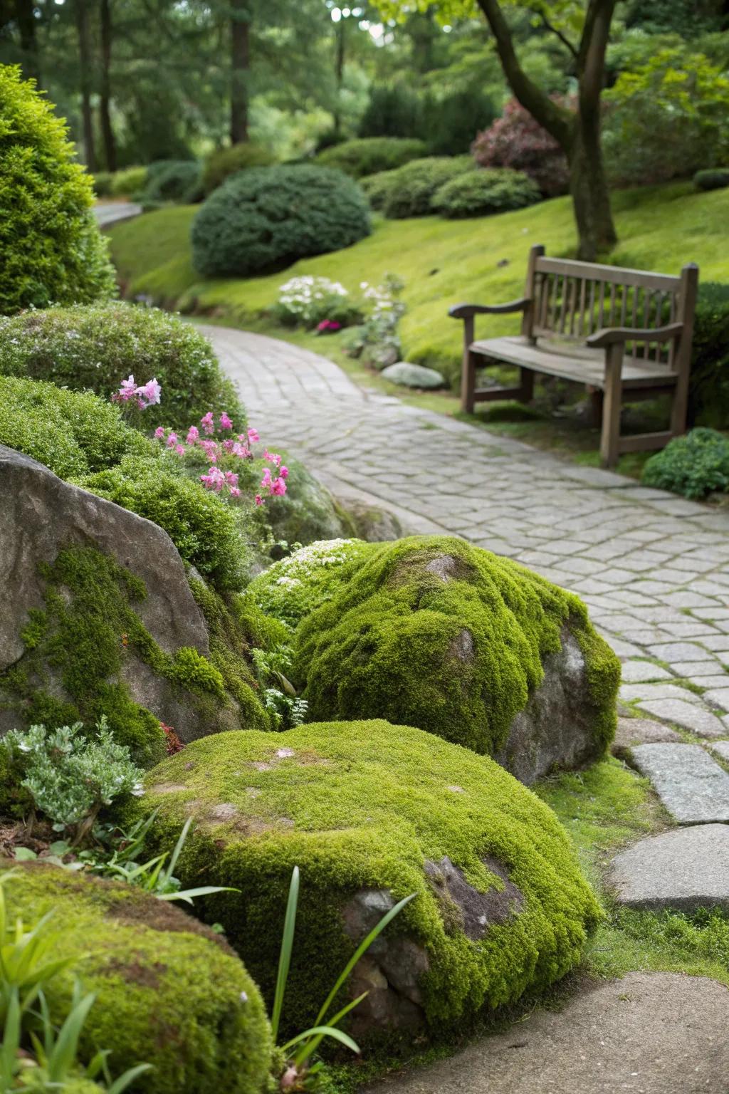 Rocks and moss create a harmonious and serene garden scene.