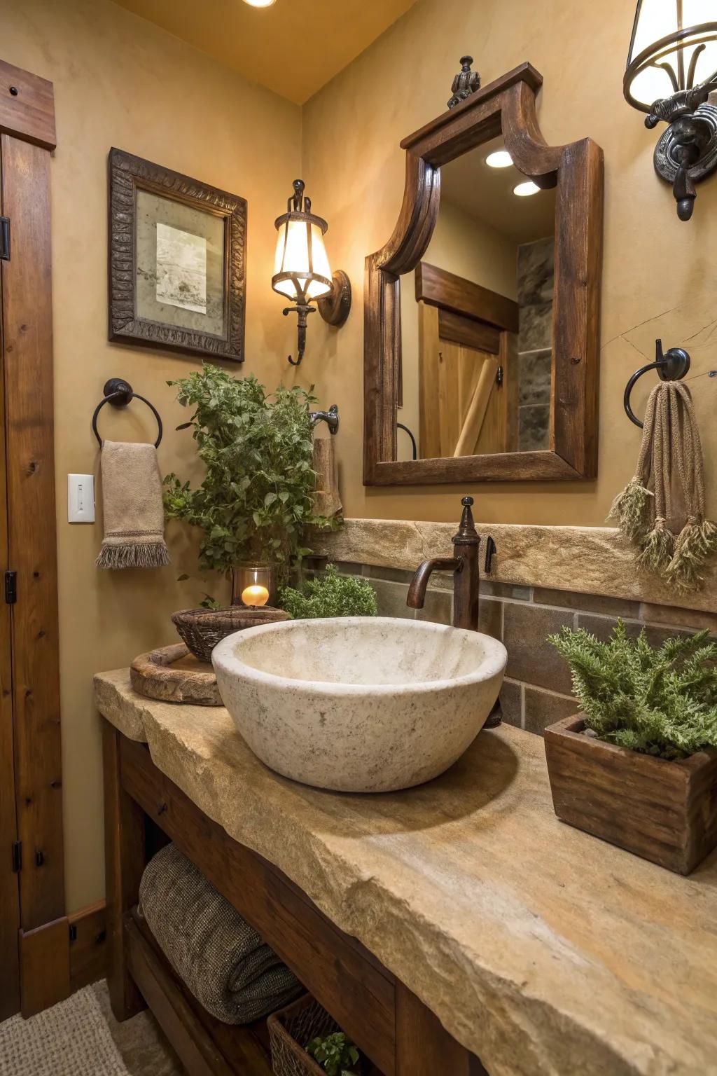 A custom stone sink serving as a striking centerpiece in a rustic bathroom.