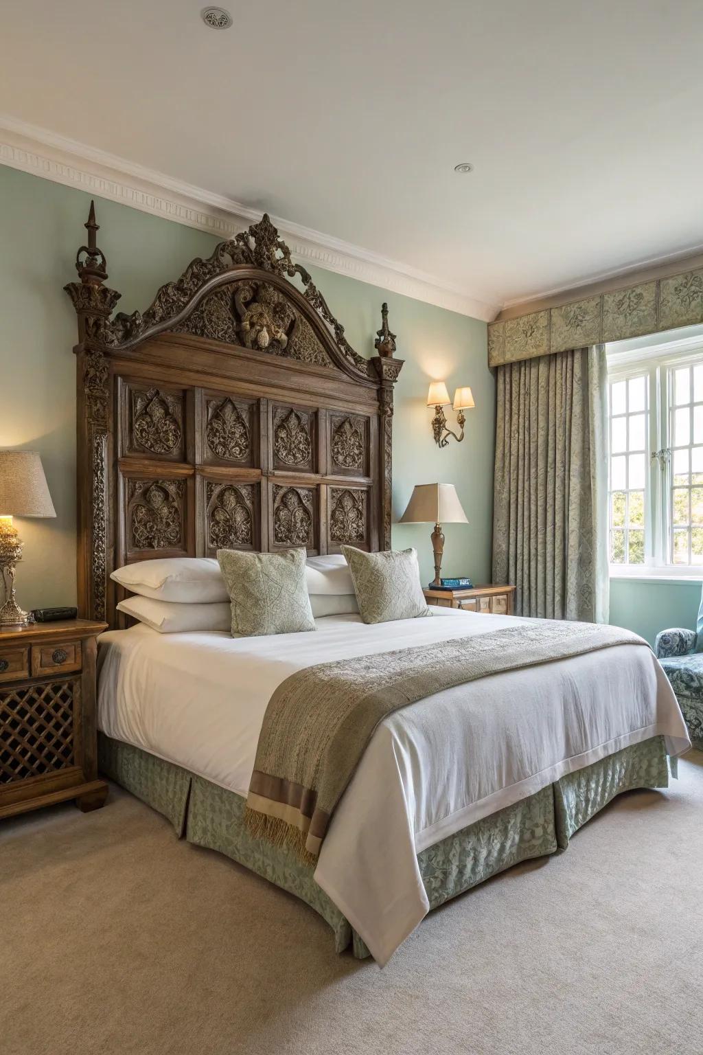 An ornamental panel functions as a stunning focal point in a modern Spanish bedroom.