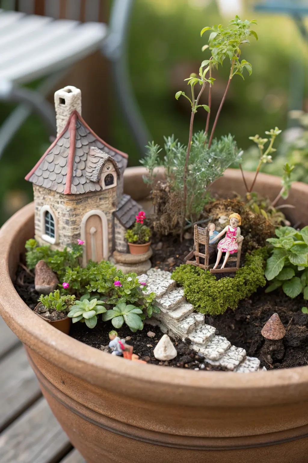 A whimsical magical garden nestled within a flower pot.