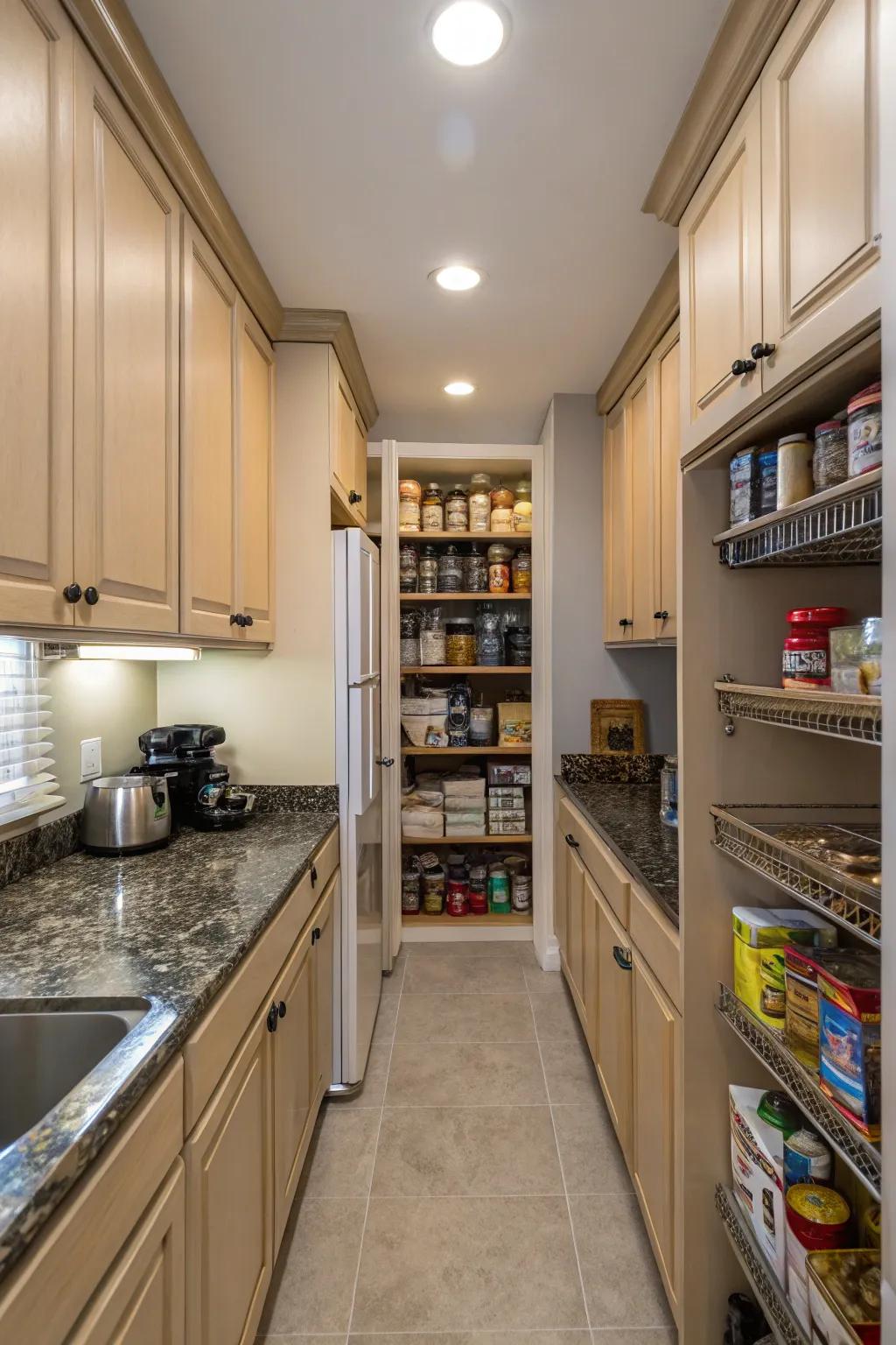 Overhead storage in a slim kitchen that increases storage capacity.