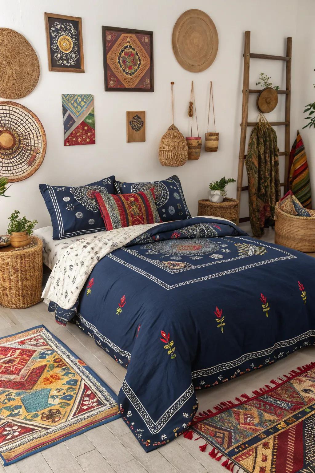 Incorporate a global touch with cultural designs in dark blue bedding.