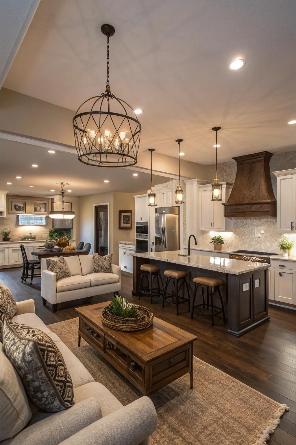 Statement lighting adds personality and impact to an open-concept room.