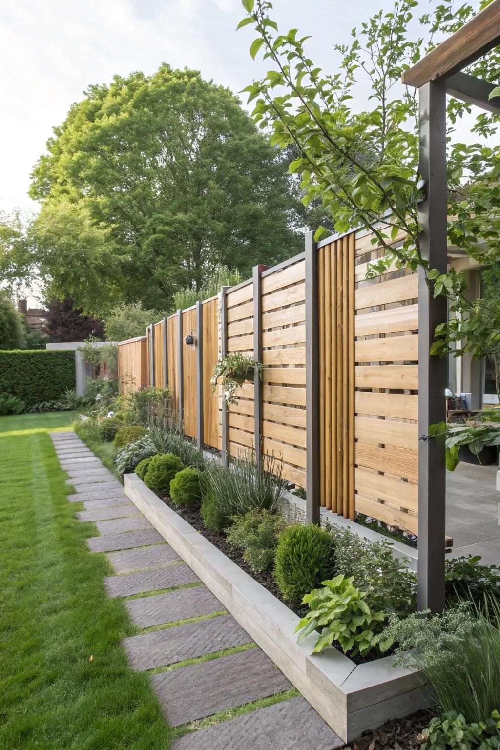 Modernize with suspended fence boards for a unique aesthetic.