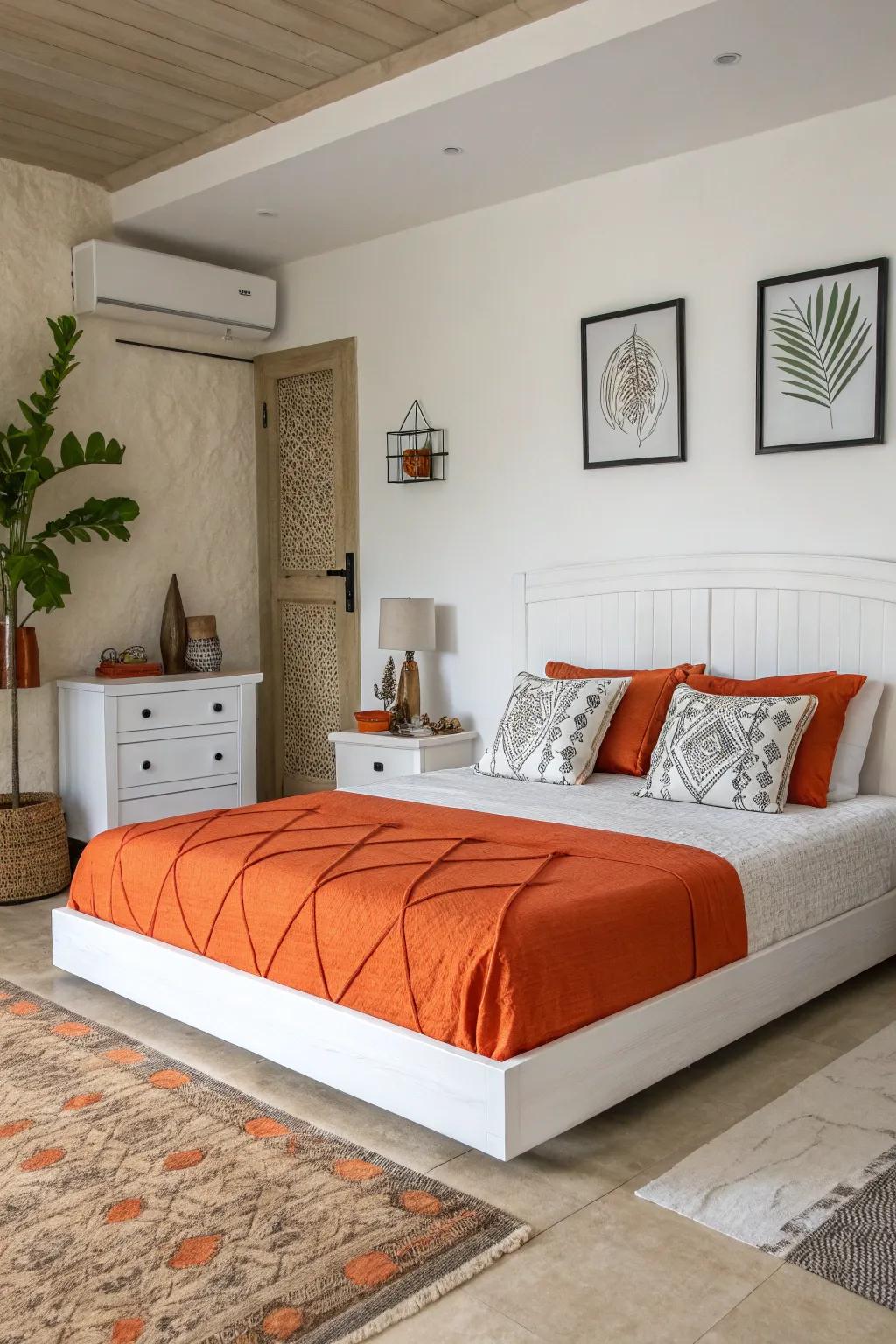 A modern bedroom with bold tangerine bedding and a sleek ivory bed.