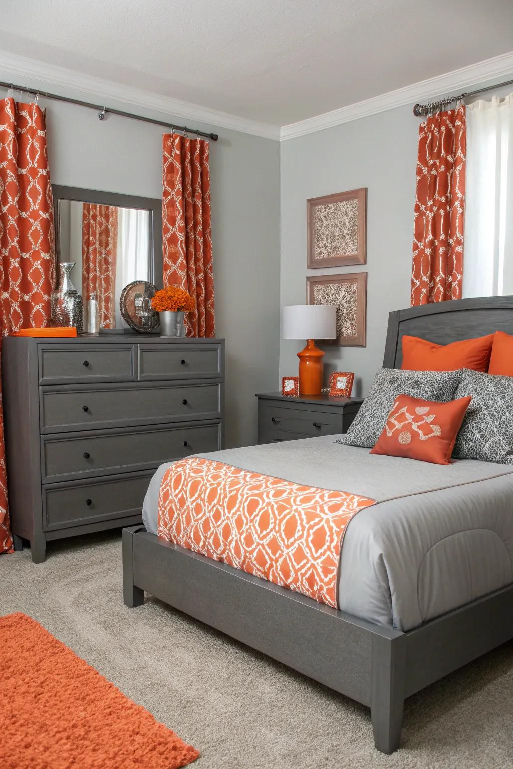 Orange and gray create a sophisticated and balanced atmosphere.