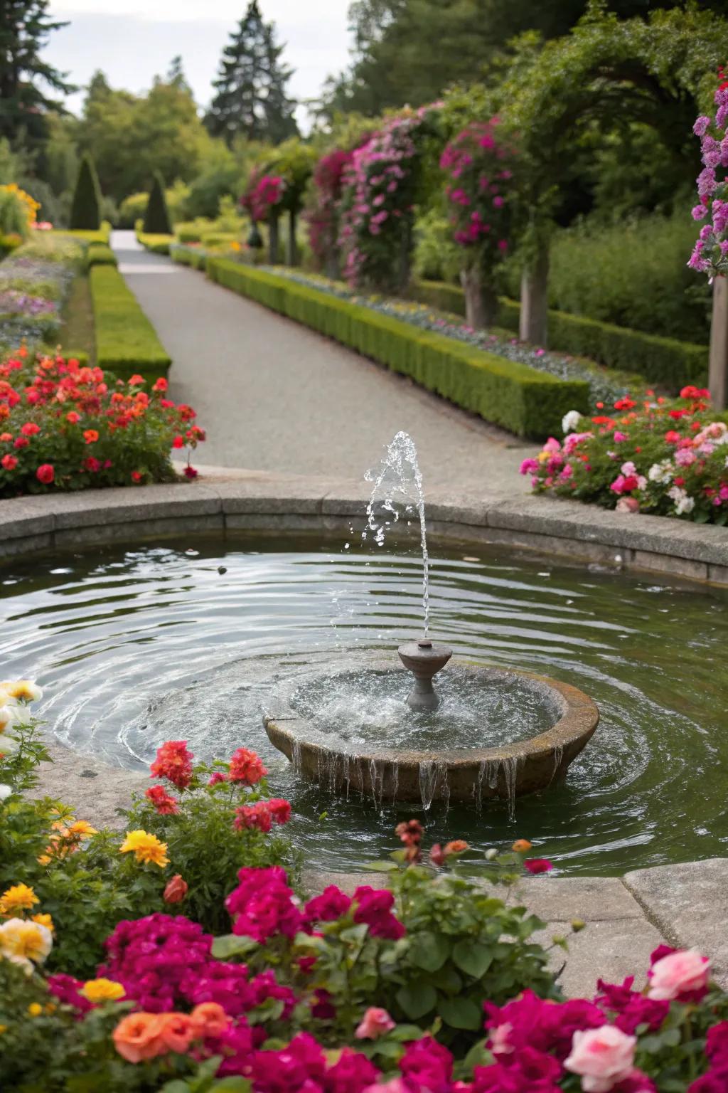 A water feature enveloped by surrounding flowers adds peace of mind to the garden.