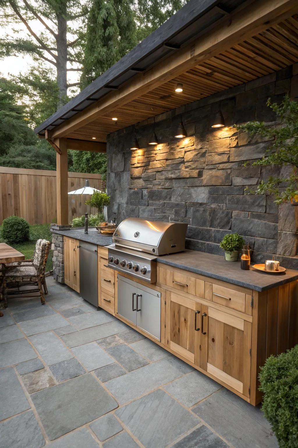 Slate backsplashes deliver understated elegance with natural patterns in outdoor cooking spaces.
