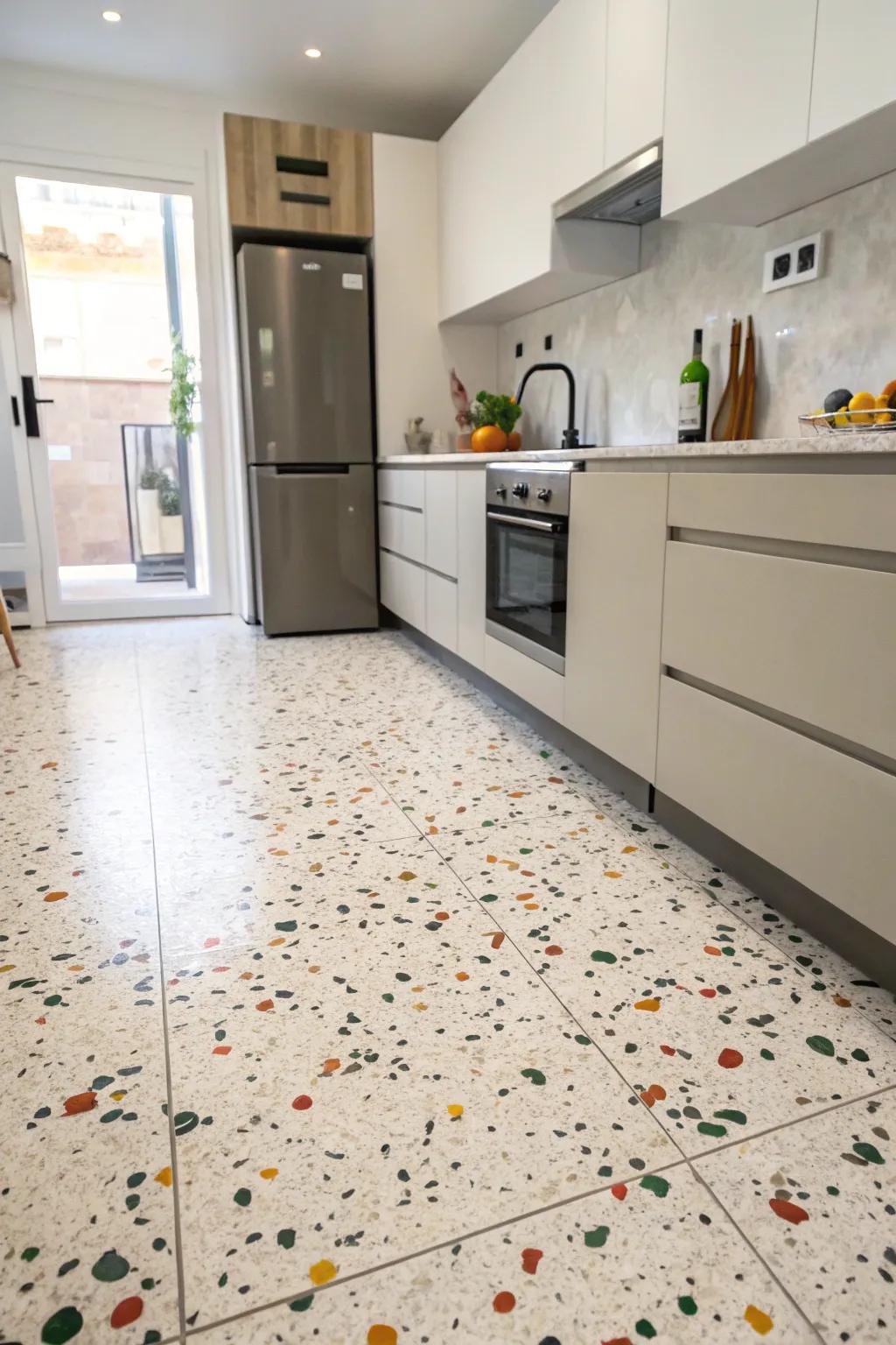 A kitchen with terrazzo painted floorings, offering a stylish and practical classic appeal.