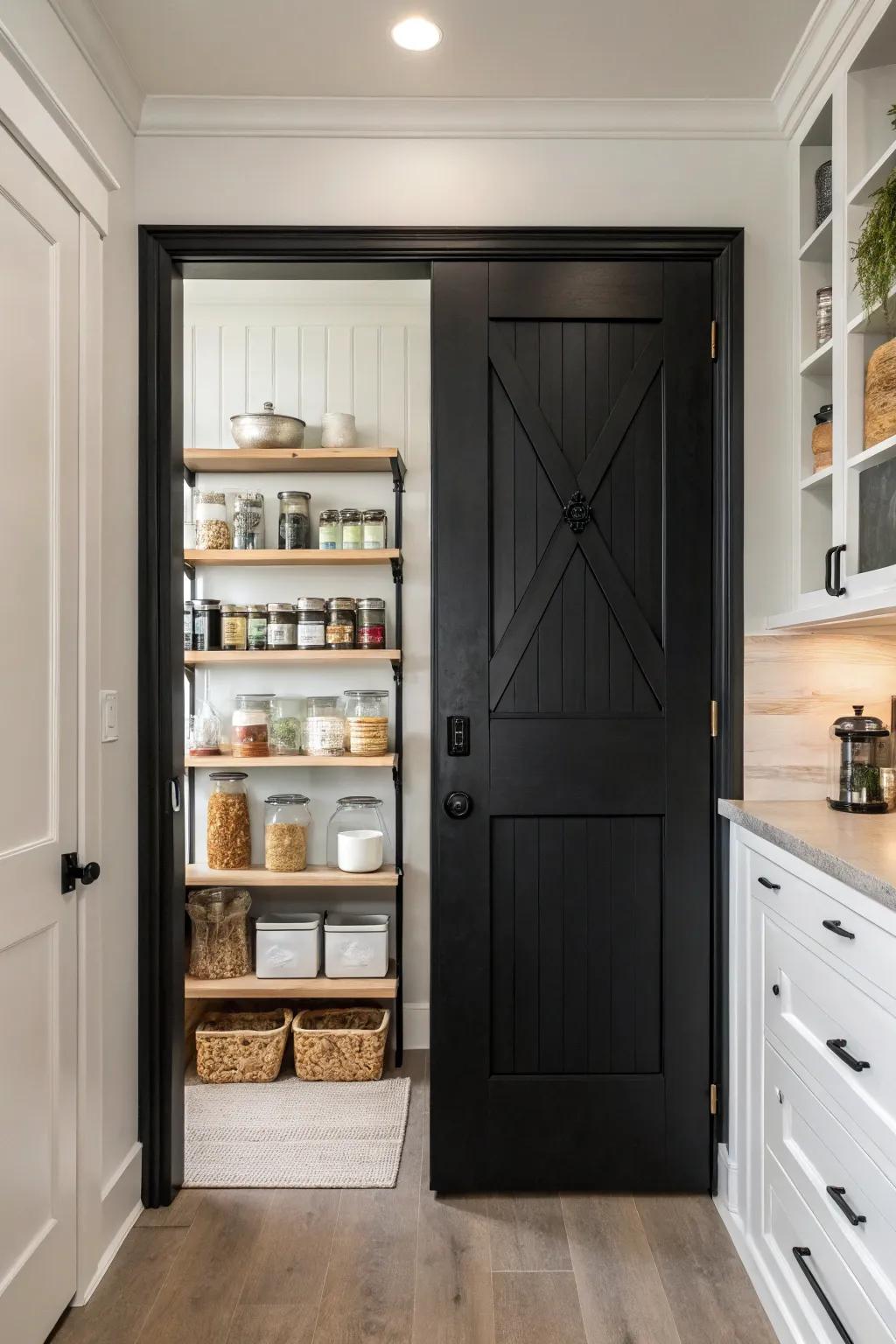 A dark door adds a bold and sophisticated touch to your pantry.